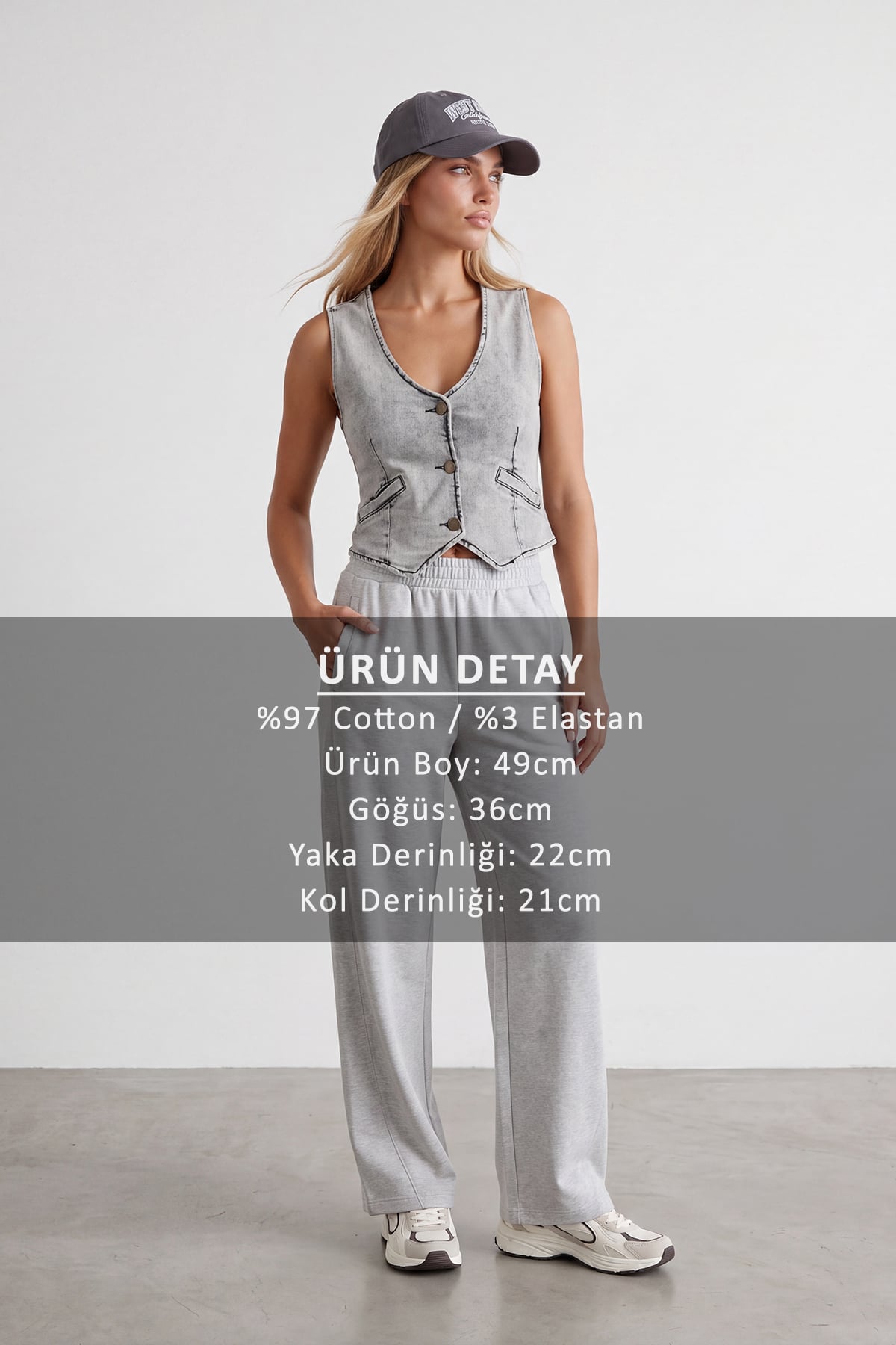 Kadın GRİ V Yaka Yıkamalı Jean Yelek ALC-X15868