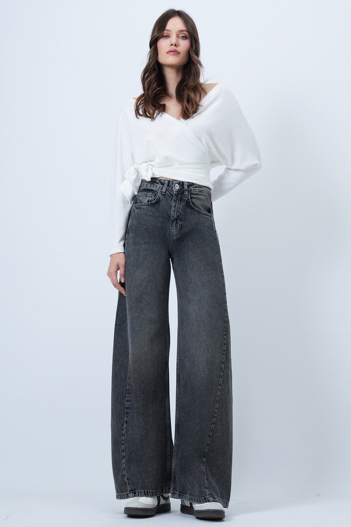 Kadın GRİ Yüksek Bel 5 Cepli Baggy Jean VS01450