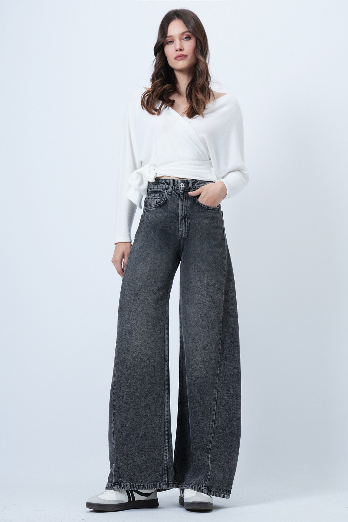 Kadın GRİ Yüksek Bel 5 Cepli Baggy Jean VS01450