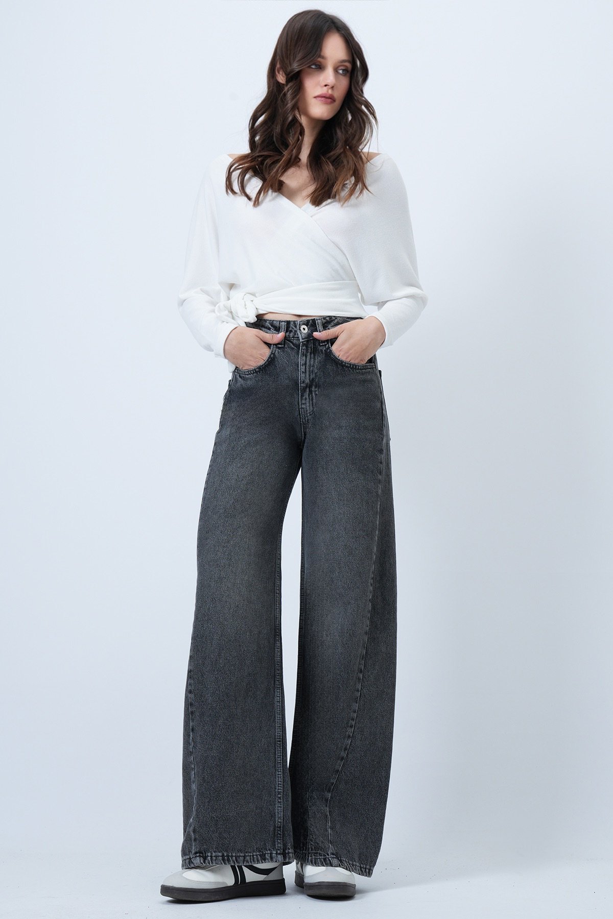 Kadın GRİ Yüksek Bel 5 Cepli Baggy Jean VS01450