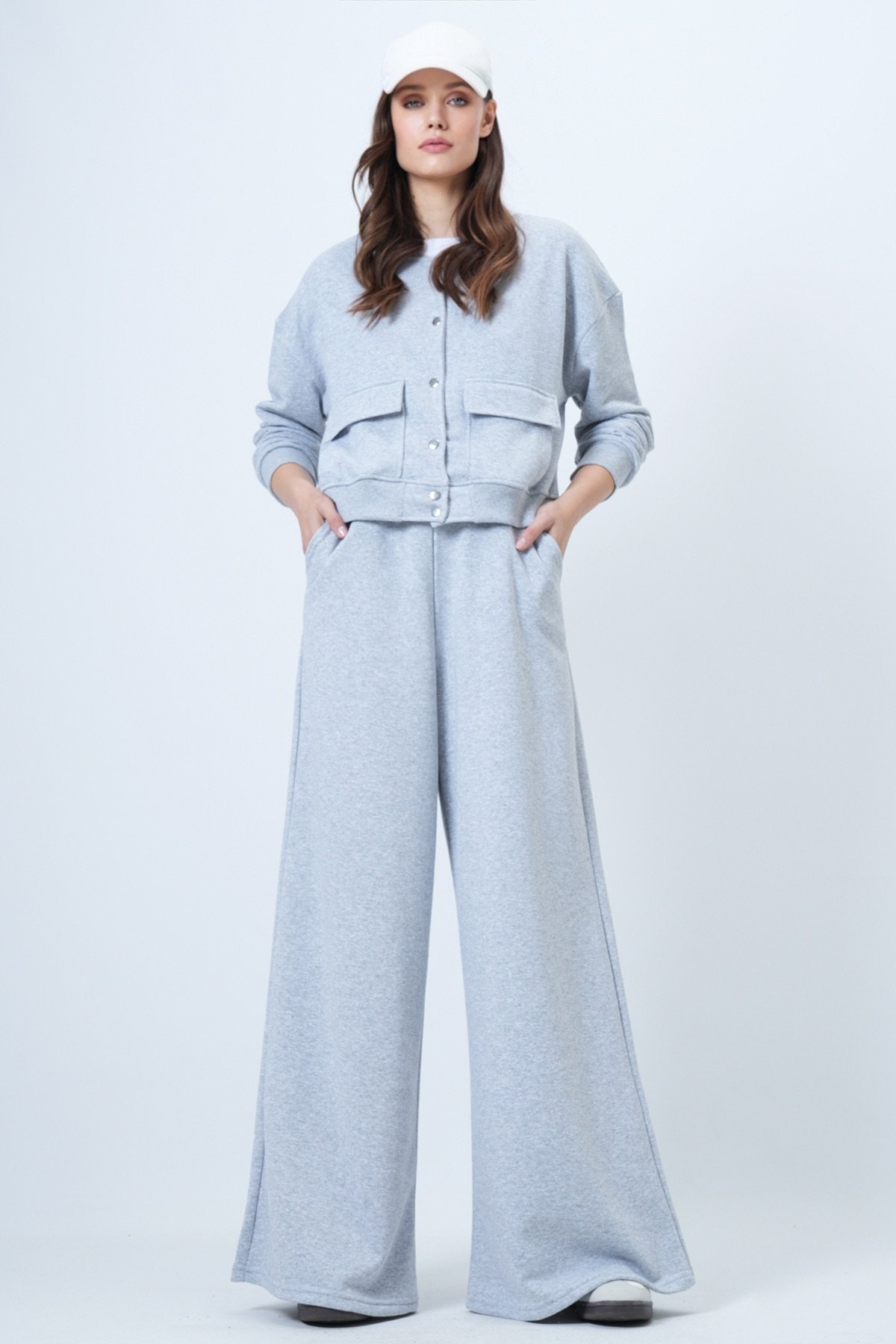 Kadın Grimelanj Çift Cepli Crop Ceket Ve Geniş Paça Pantolon Takım Alc-X14695