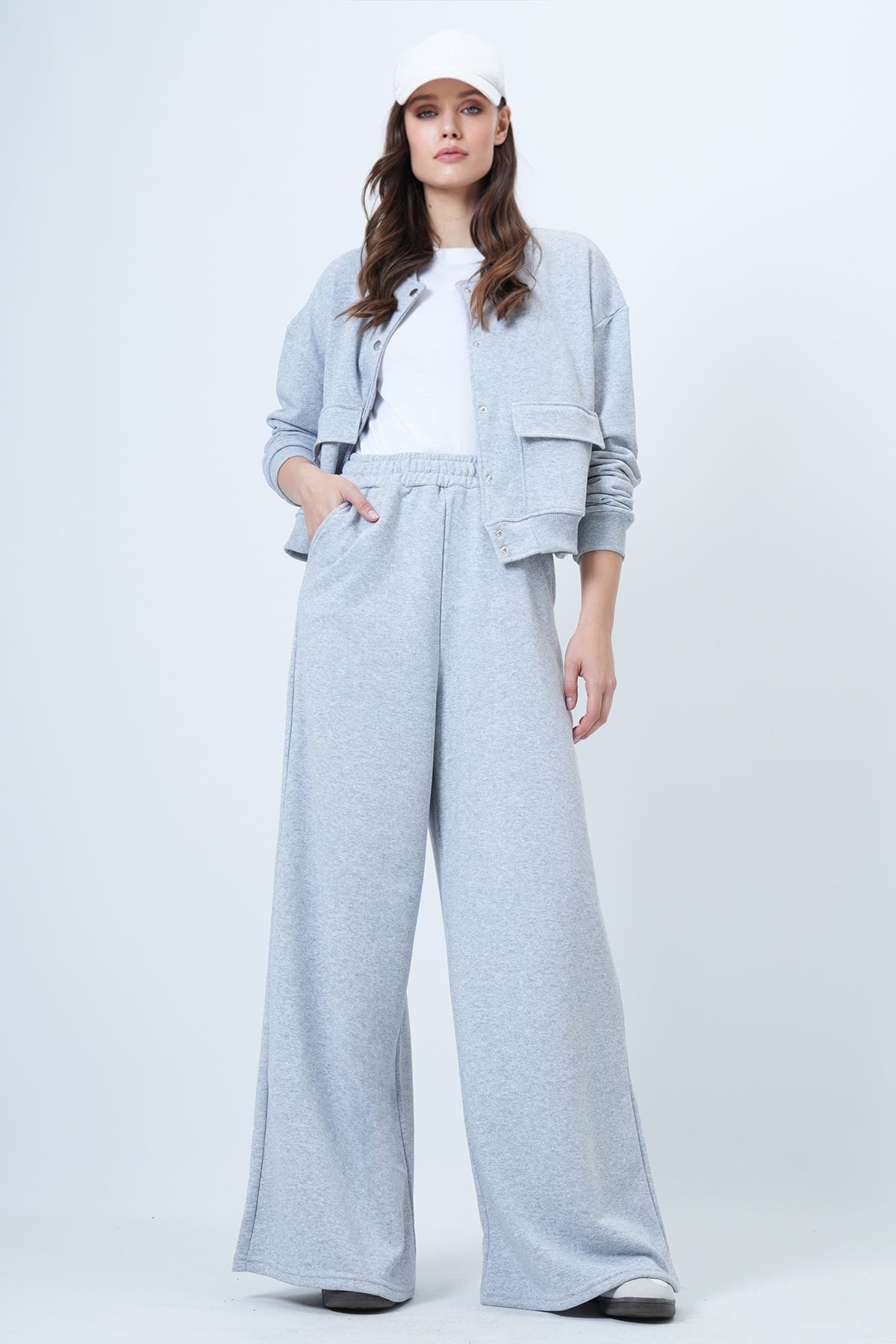 Kadın Grimelanj Çift Cepli Crop Ceket Ve Geniş Paça Pantolon Takım Alc-X14695