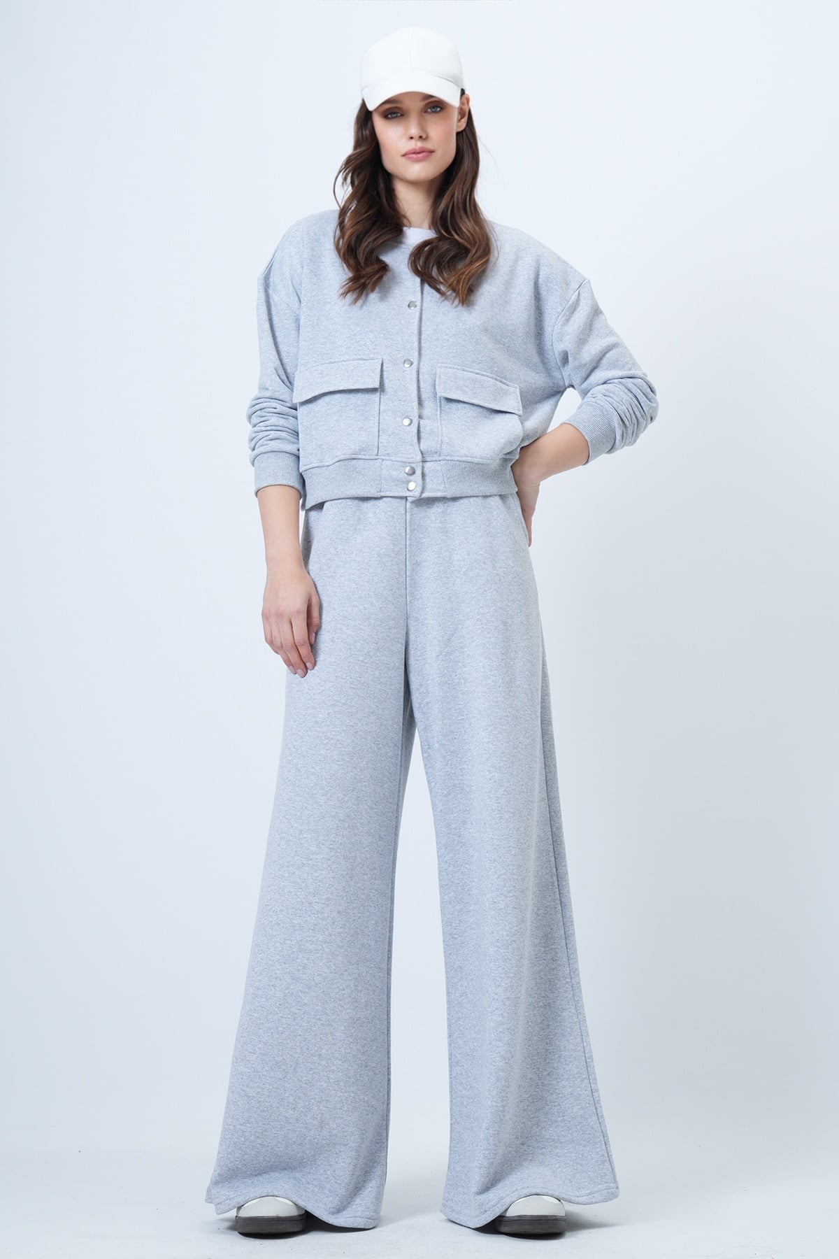 Kadın Grimelanj Çift Cepli Crop Ceket Ve Geniş Paça Pantolon Takım Alc-X14695