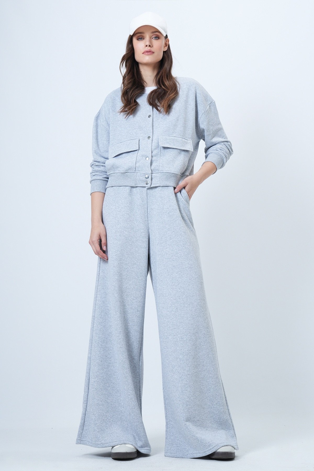 Kadın Grimelanj Çift Cepli Crop Ceket Ve Geniş Paça Pantolon Takım Alc-X14695