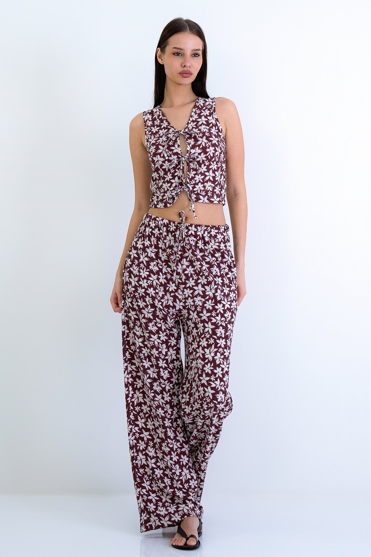 Kadın Gül Kurusu-Ekru Bağlama Detaylı Bürümcük Yelek Ve Çift Cepli Pantolon Takım Alc-X15220