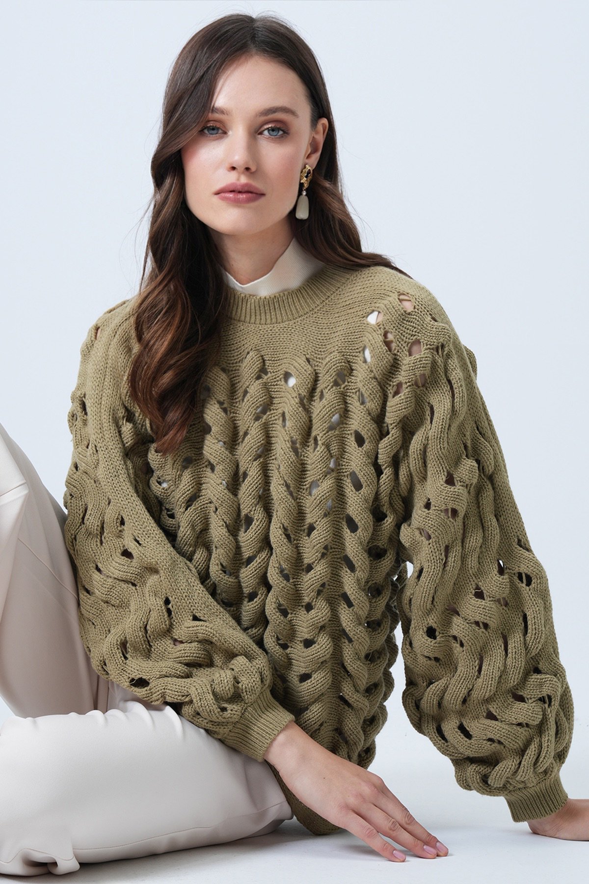 Kadın HAKİ Bisiklet Yaka Ajurlu Triko Kazak VS01460