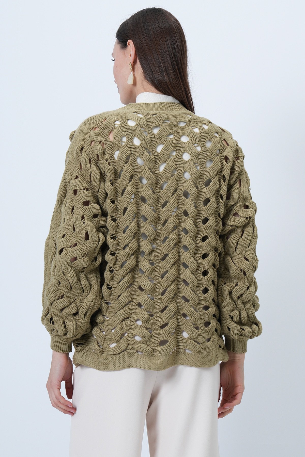 Kadın HAKİ Bisiklet Yaka Ajurlu Triko Kazak VS01460