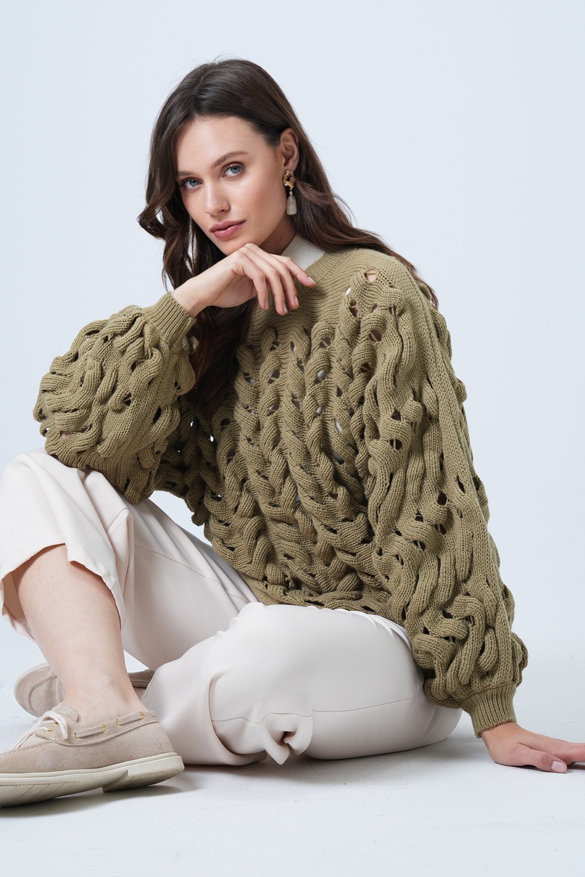 Kadın HAKİ Bisiklet Yaka Ajurlu Triko Kazak VS01460