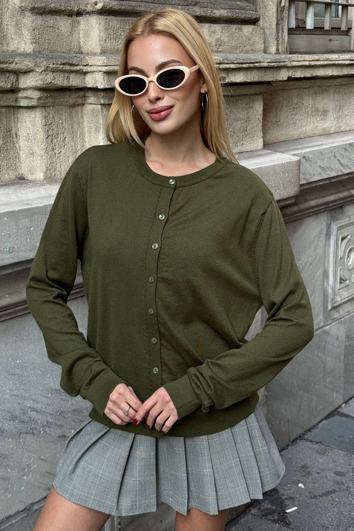 Kadın HAKİ Bisiklet Yaka Düğmeli Triko Hırka VS01640