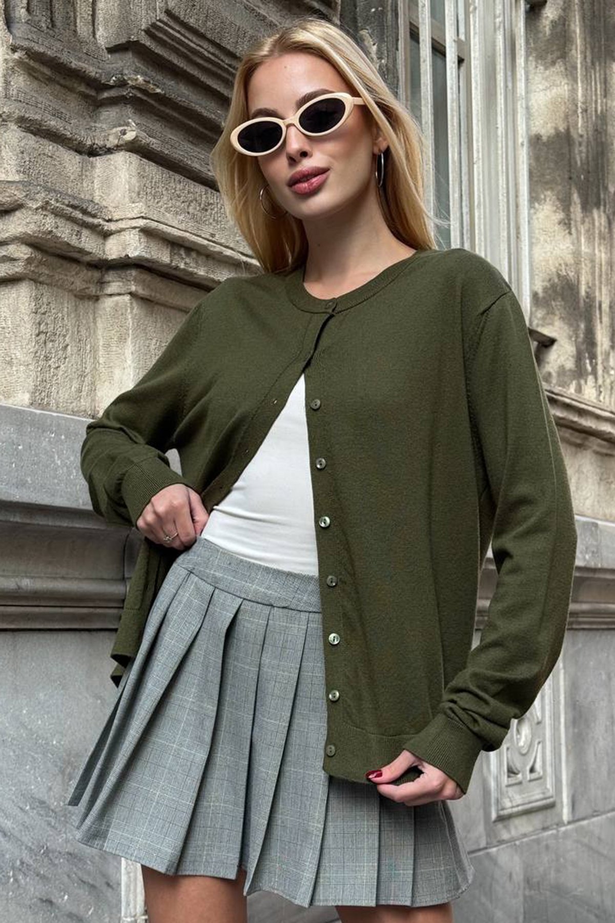 Kadın HAKİ Bisiklet Yaka Düğmeli Triko Hırka VS01640