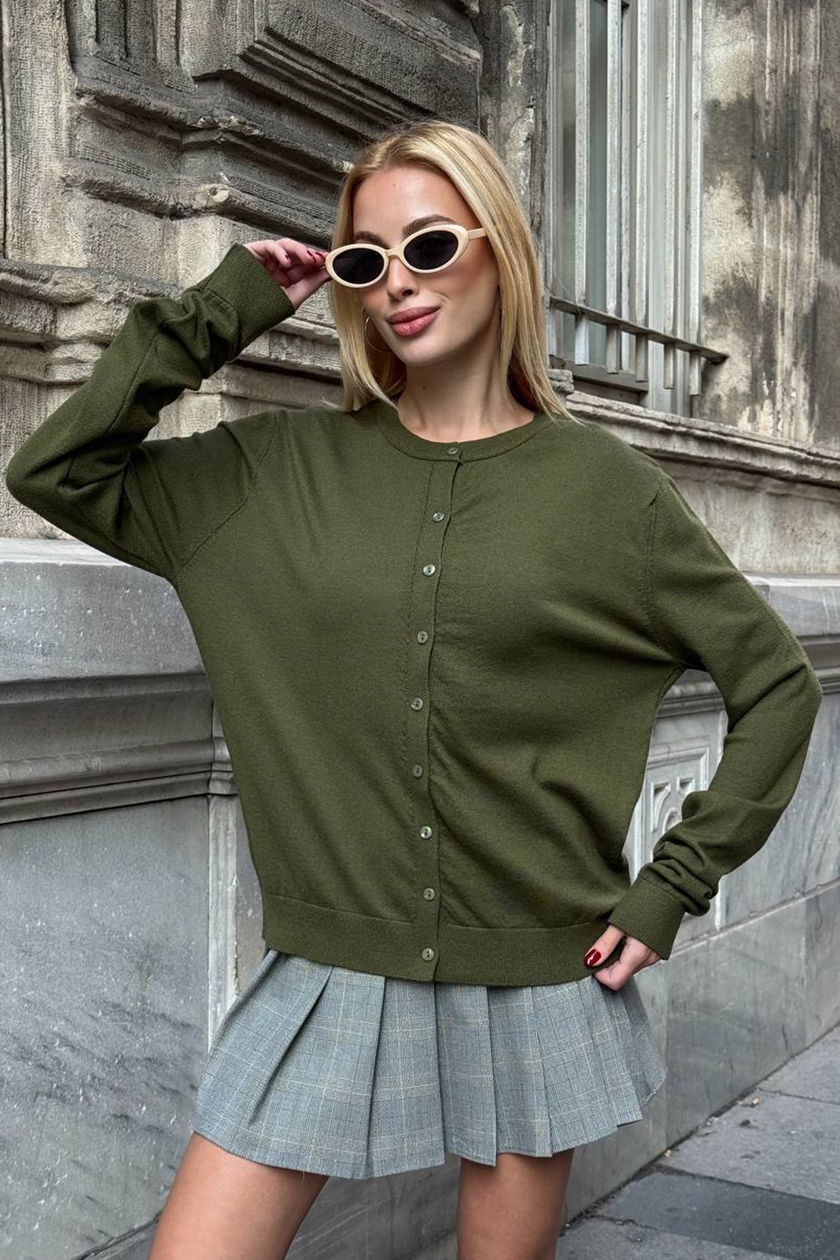 Kadın HAKİ Bisiklet Yaka Düğmeli Triko Hırka VS01640