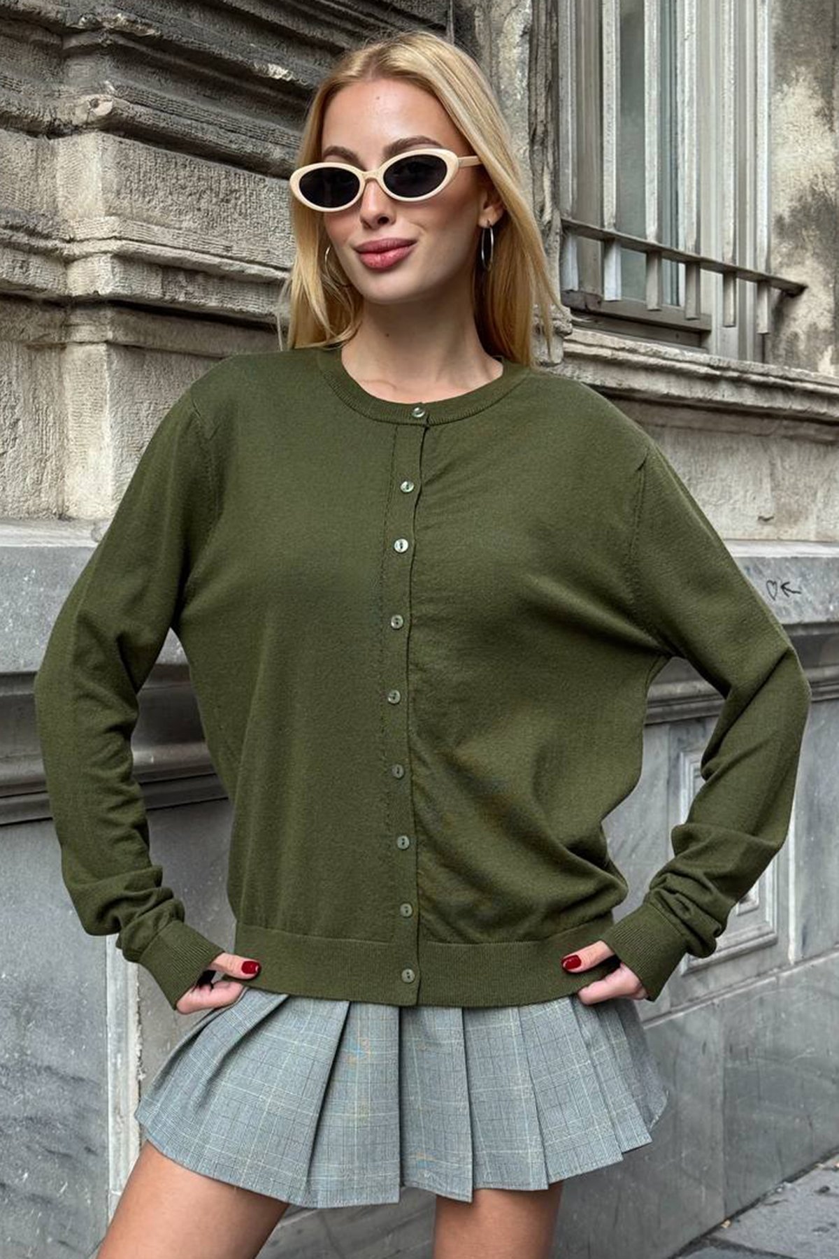 Kadın HAKİ Bisiklet Yaka Düğmeli Triko Hırka VS01640