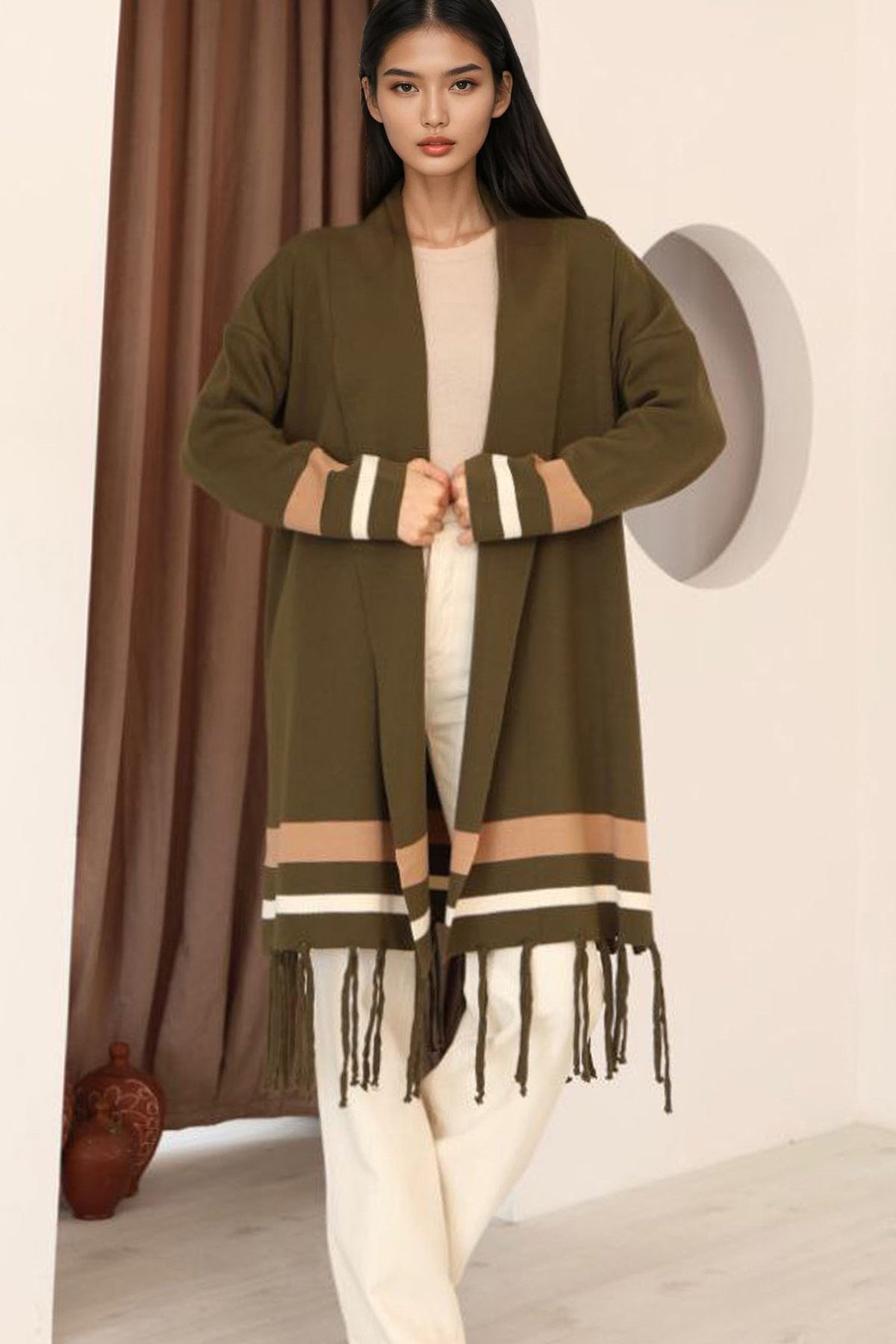 Kadın Haki Şerit Detaylı Püsküllü Uzun Hırka Alc-X14745