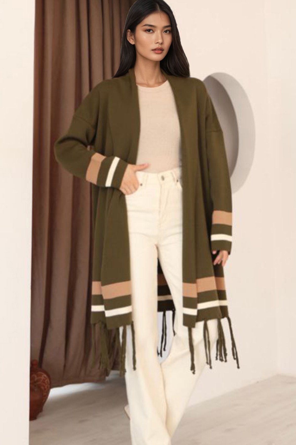 Kadın Haki Şerit Detaylı Püsküllü Uzun Hırka Alc-X14745