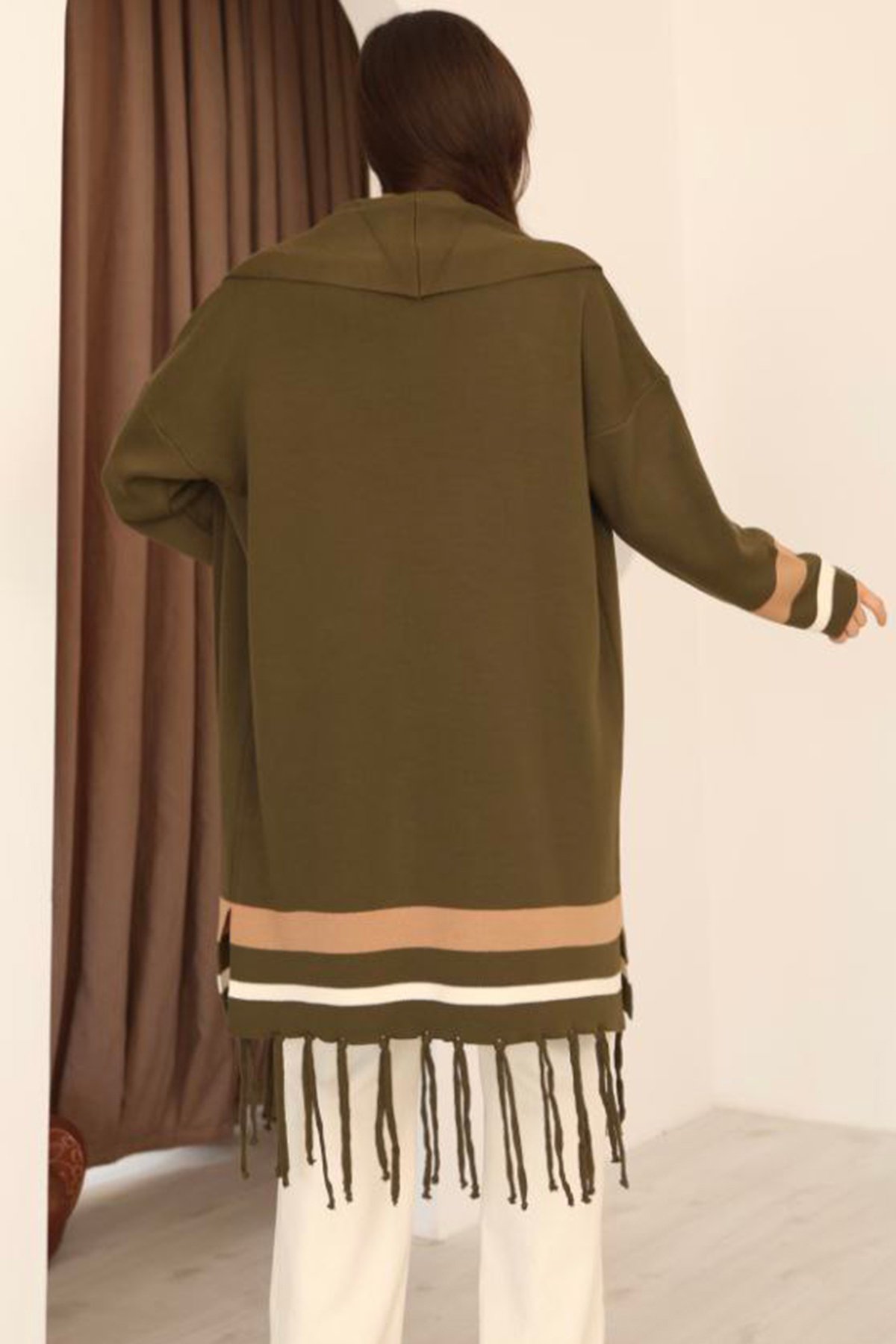Kadın Haki Şerit Detaylı Püsküllü Uzun Hırka Alc-X14745