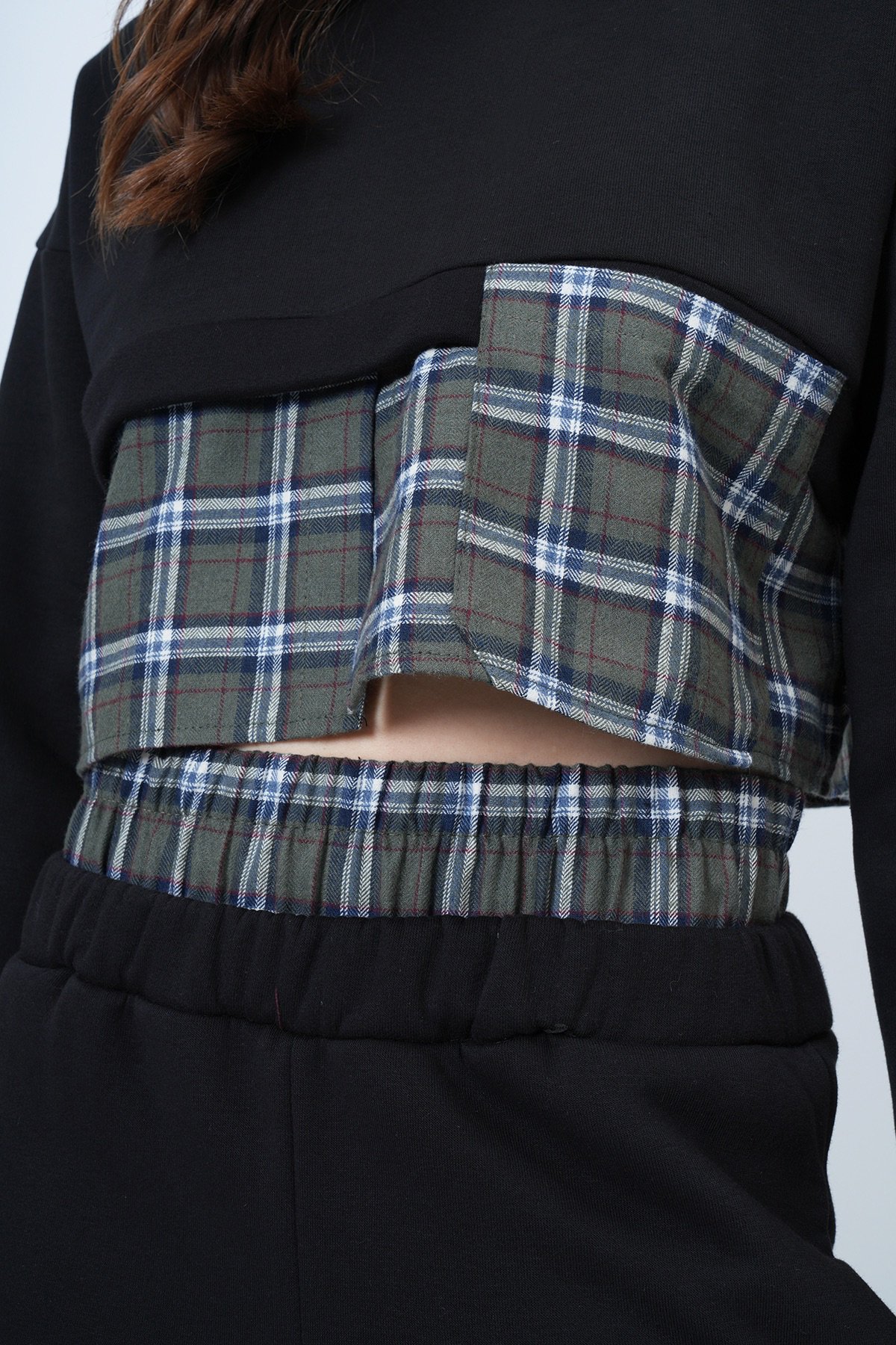 Kadın HAKİ-SİYAH Ekose Detaylı Sweatshirt Ve Geniş Paça Pantolon Takım VS01524