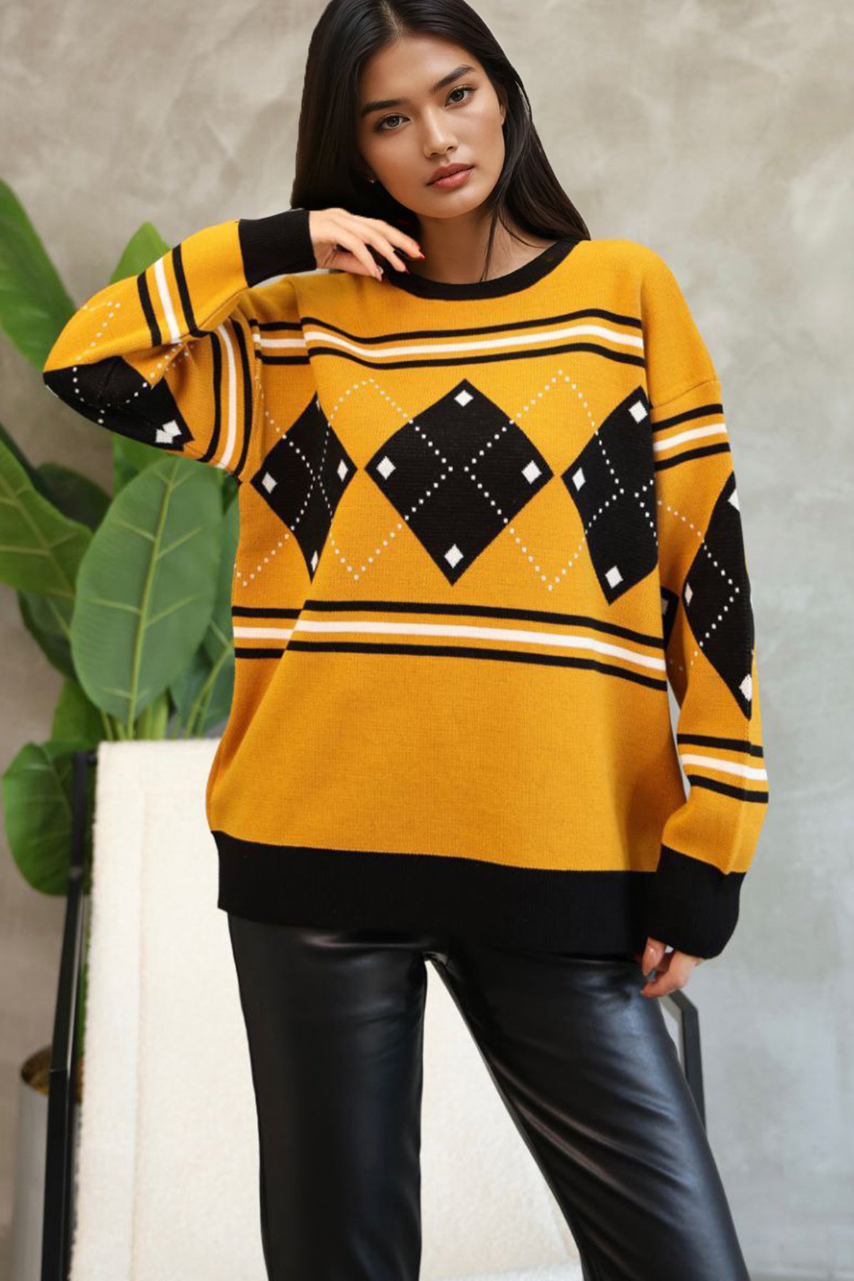 Kadın Hardal Bisiklet Yaka Baklava Desenli Triko Kazak Alc-X14742