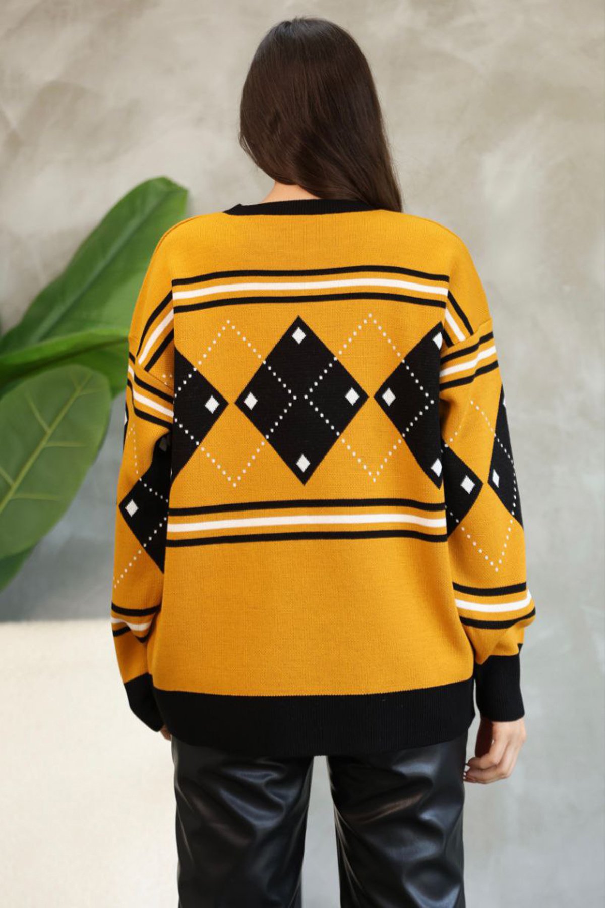 Kadın Hardal Bisiklet Yaka Baklava Desenli Triko Kazak Alc-X14742