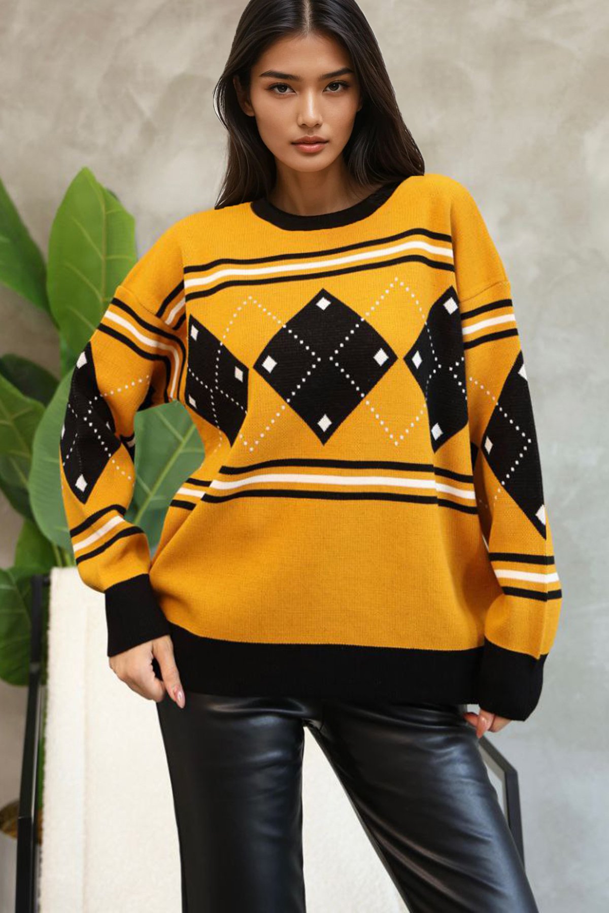 Kadın Hardal Bisiklet Yaka Baklava Desenli Triko Kazak Alc-X14742