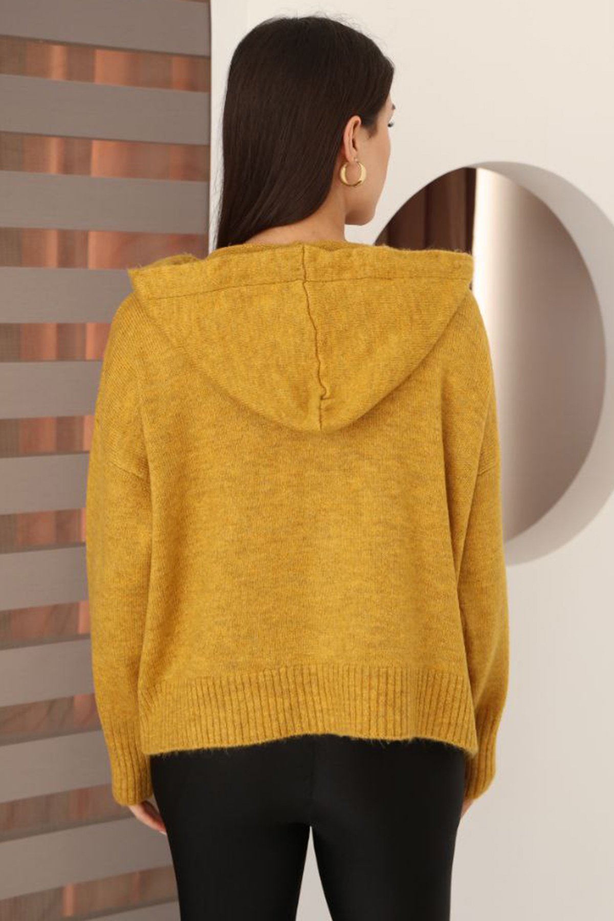 Kadın Hardal Kapüşonlu Triko Hırka Alc-X14743