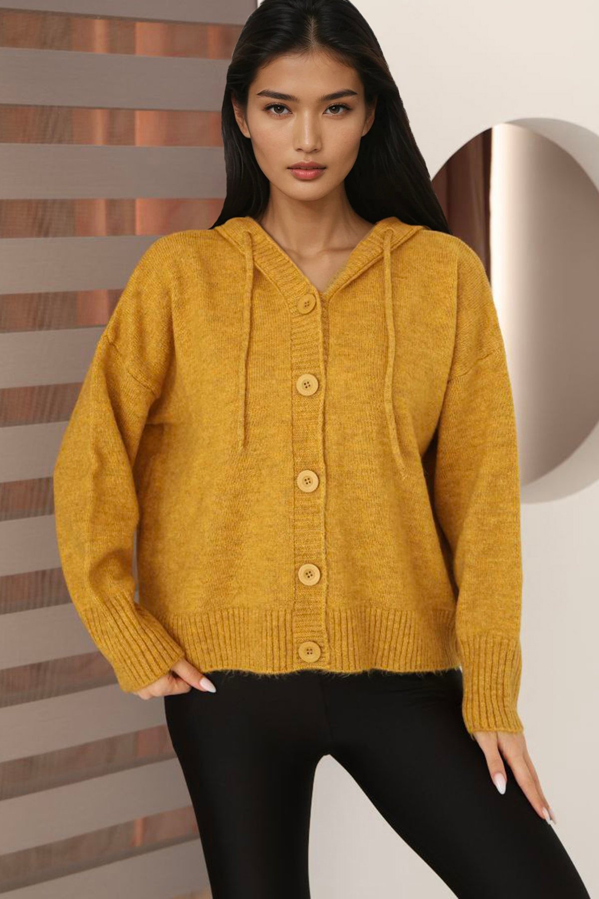 Kadın Hardal Kapüşonlu Triko Hırka Alc-X14743