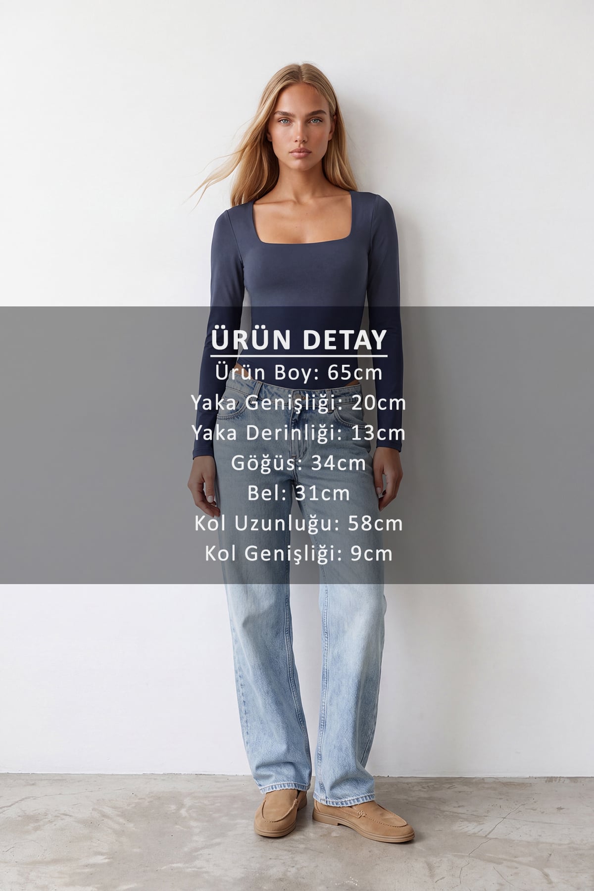 Kadın İndigo Kare Yaka Tulumlu Alttan Çıtçıtlı Bodysuit Alc-X14390