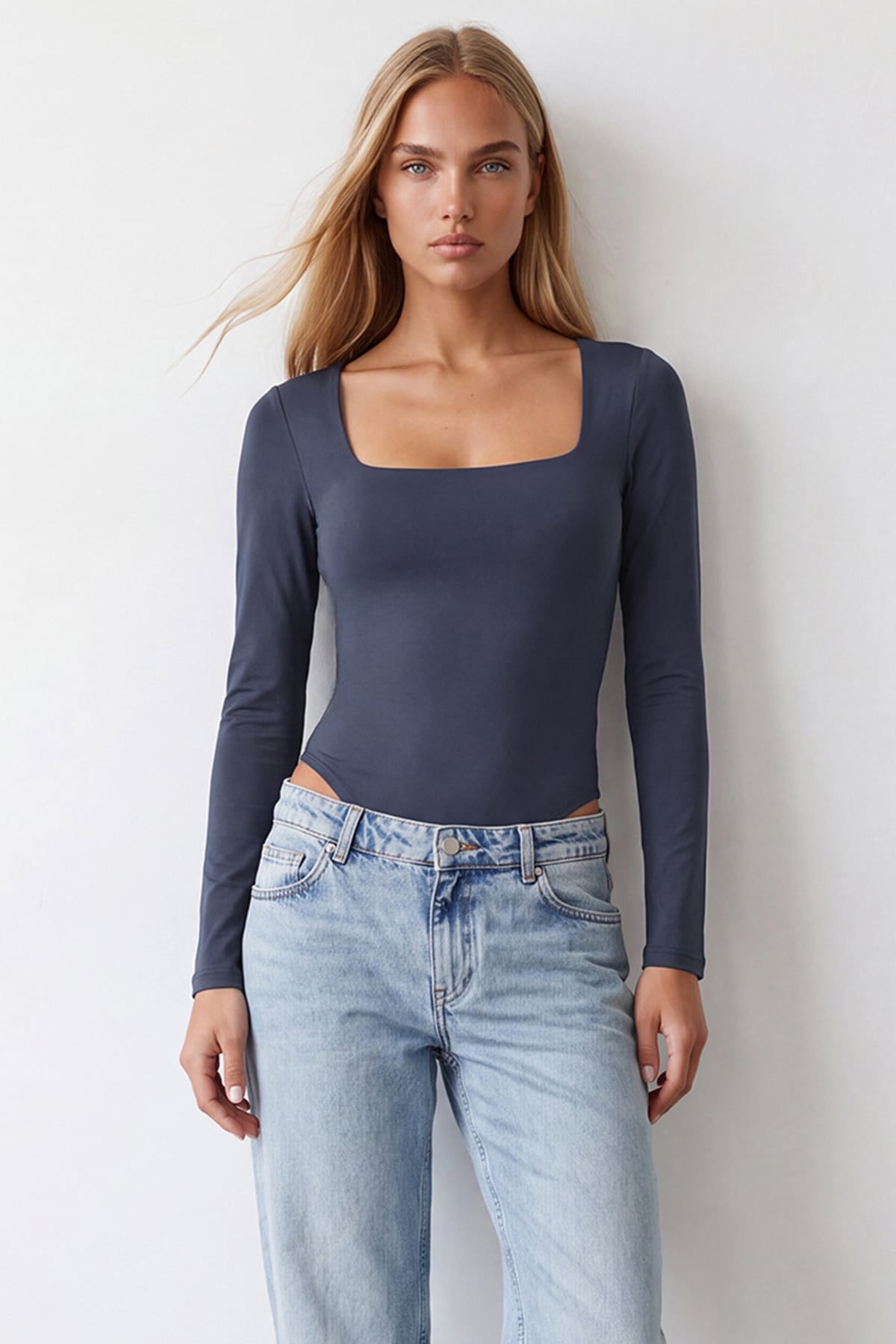 Kadın İndigo Kare Yaka Tulumlu Alttan Çıtçıtlı Bodysuit Alc-X14390