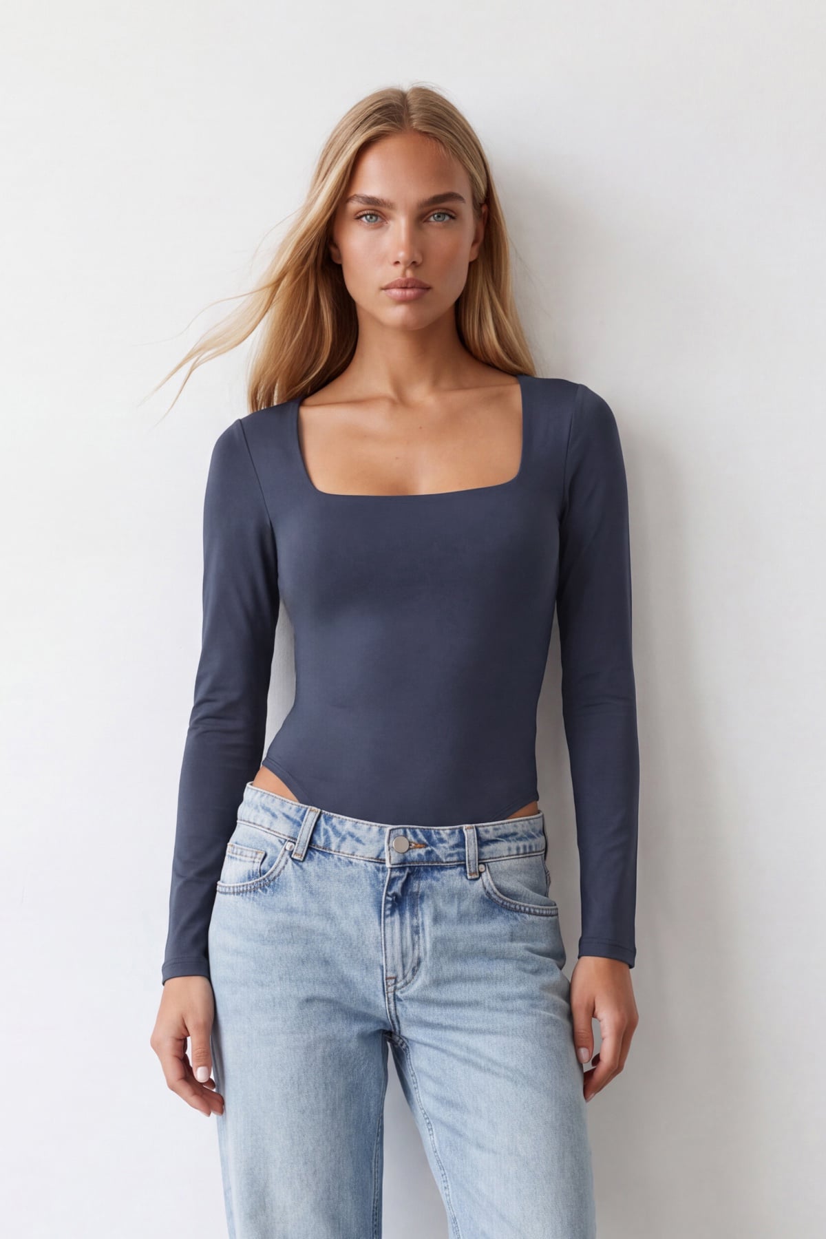 Kadın İndigo Kare Yaka Tulumlu Alttan Çıtçıtlı Bodysuit Alc-X14390