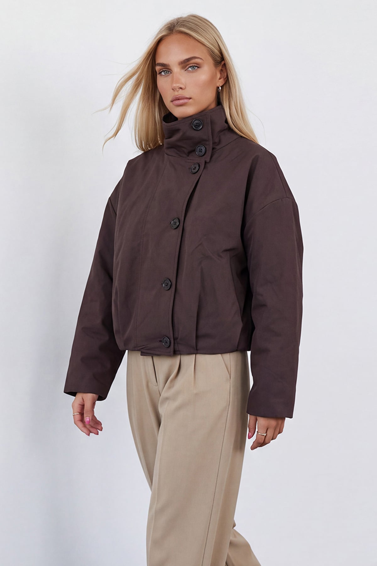 Kadın KAHVE Dik Yaka Astarlı Regular Fit Ceket ALC-X15886