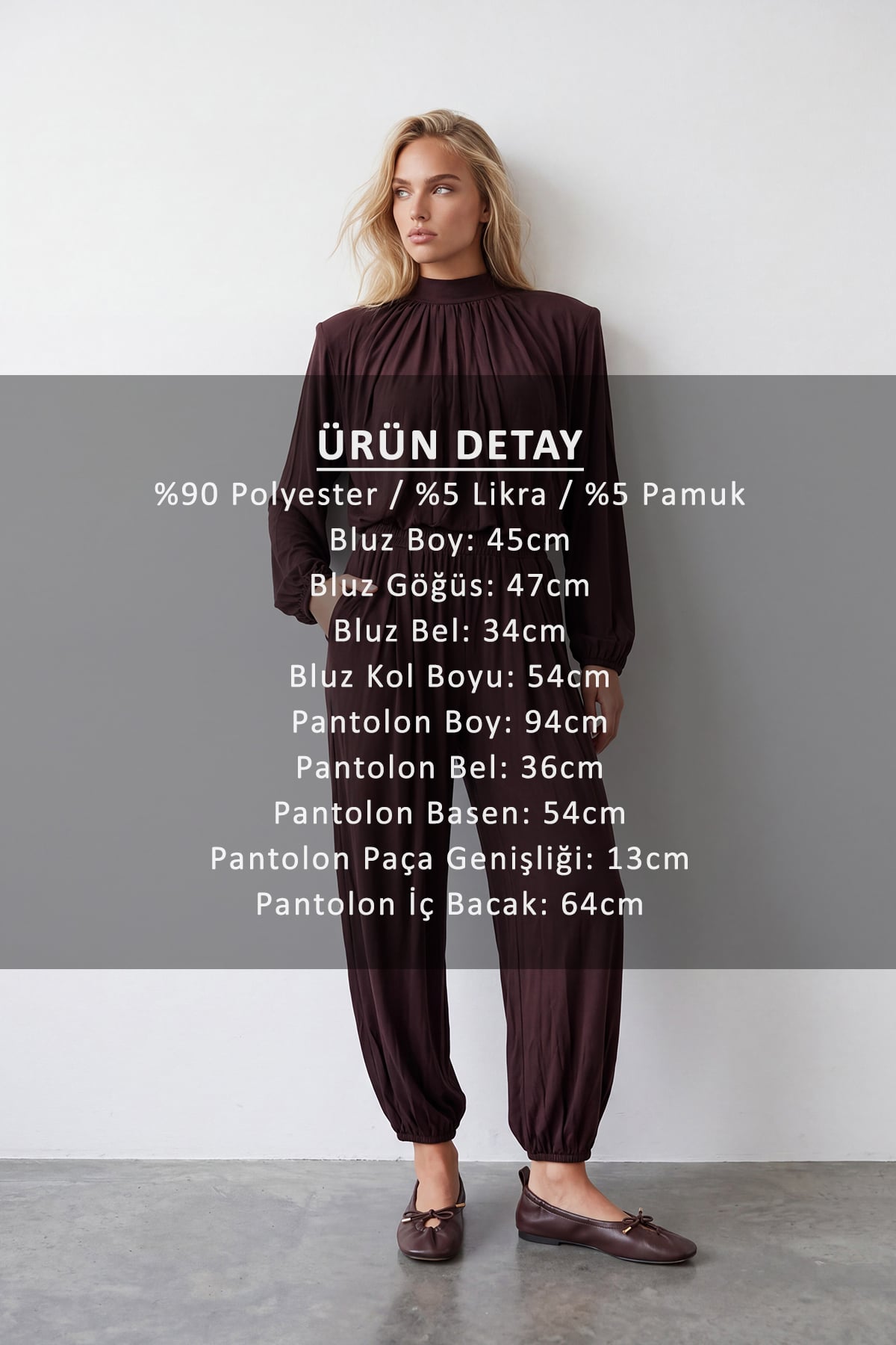 Kadın Kahve Dik Yaka Büzgü Detaylı Bluz Ve Dökümlü Pantolon Takım Alc-X15782