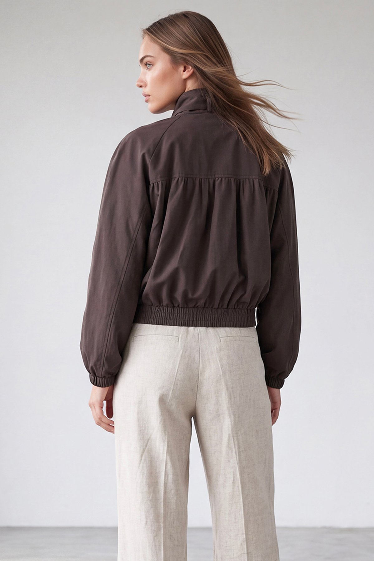 Kadın Kahve Dik Yaka İçi Astarlı Bol Kesim Bomber Ceket Alc-X15958
