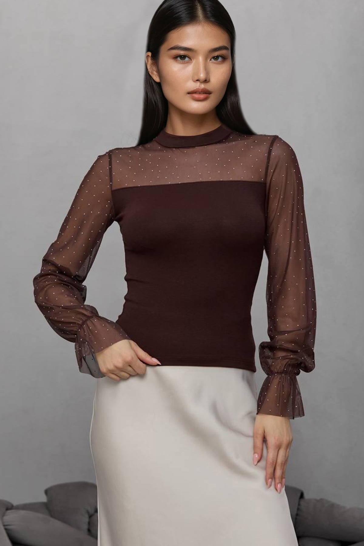 Kadın Kahve Dik Yaka Taş İşlemeli Dantel Detaylı Örme Bluz Alc-X14898