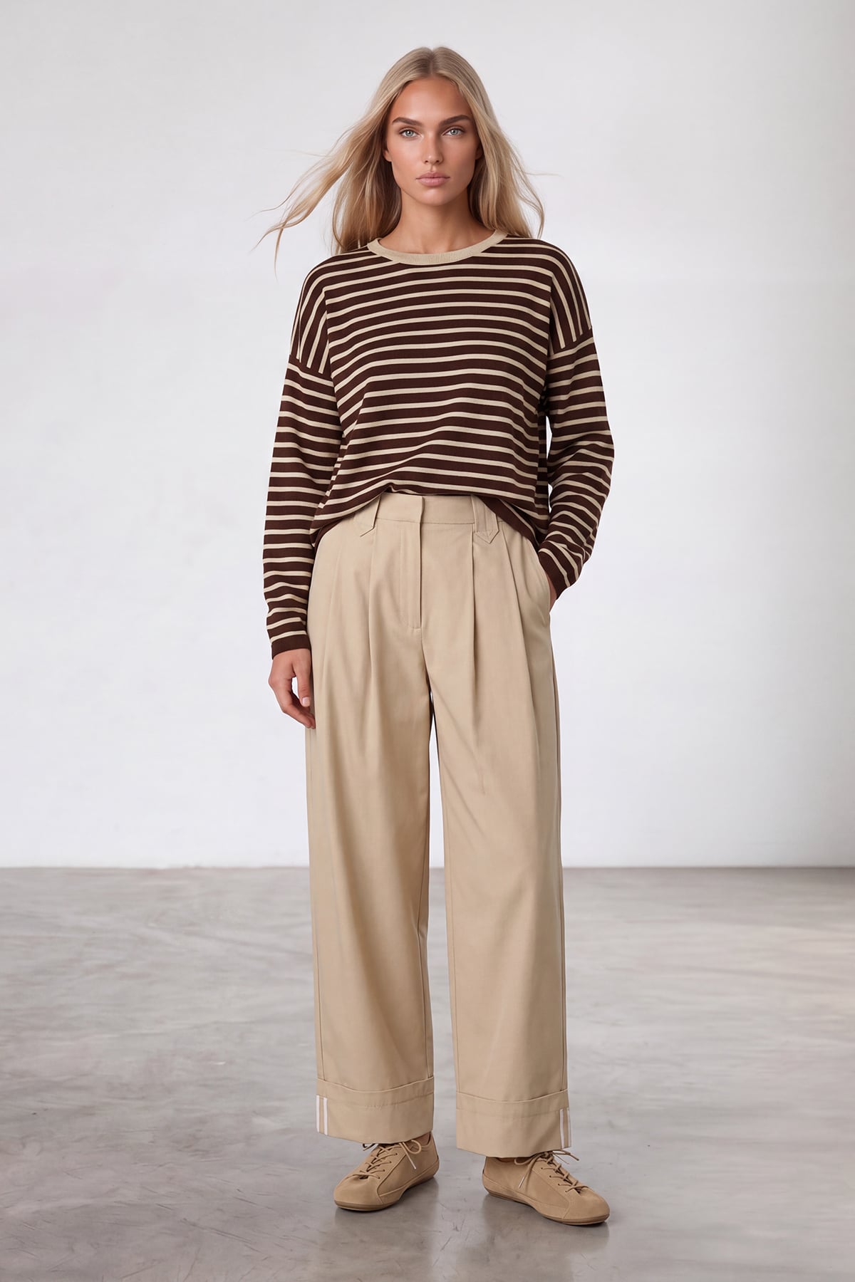 Kadın Kahve-Ekru Bisiklet Yaka Oversize Çizgili Bluz Alc-X15967