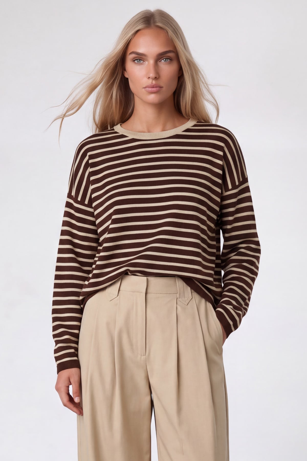 Kadın Kahve-Ekru Bisiklet Yaka Oversize Çizgili Bluz Alc-X15967