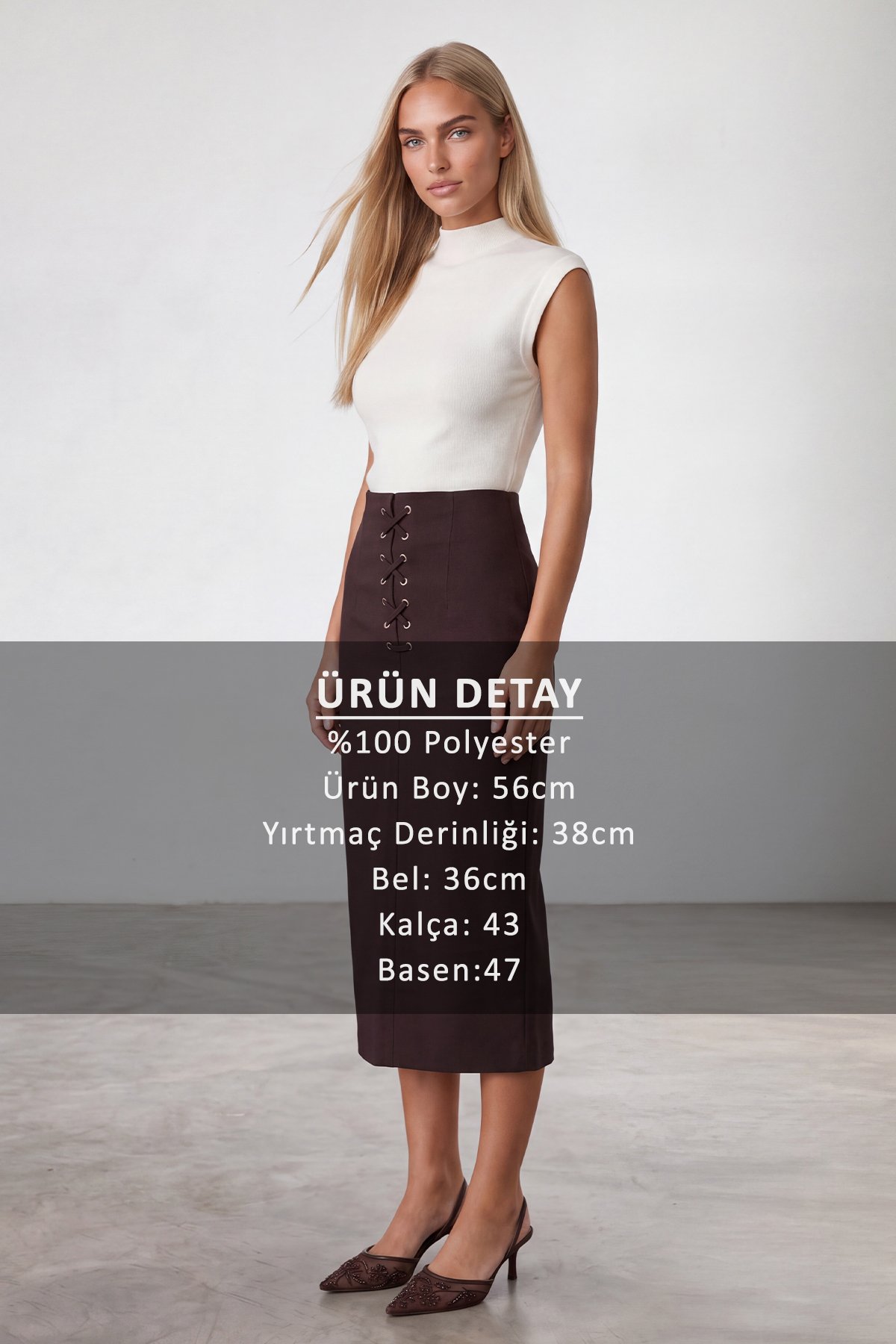 Kadın Kahve Kuş Gözü Detaylı İçi Astarlı Yırtmaçlı Ve Midi Boy Etek Alc-X15954
