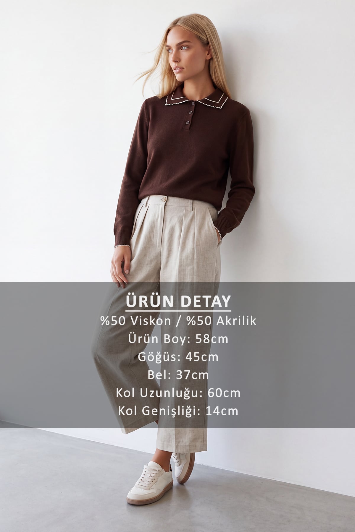 Kadın Kahve Polo Yaka Yumuşak Dokulu Triko Bluz Alc-X15966