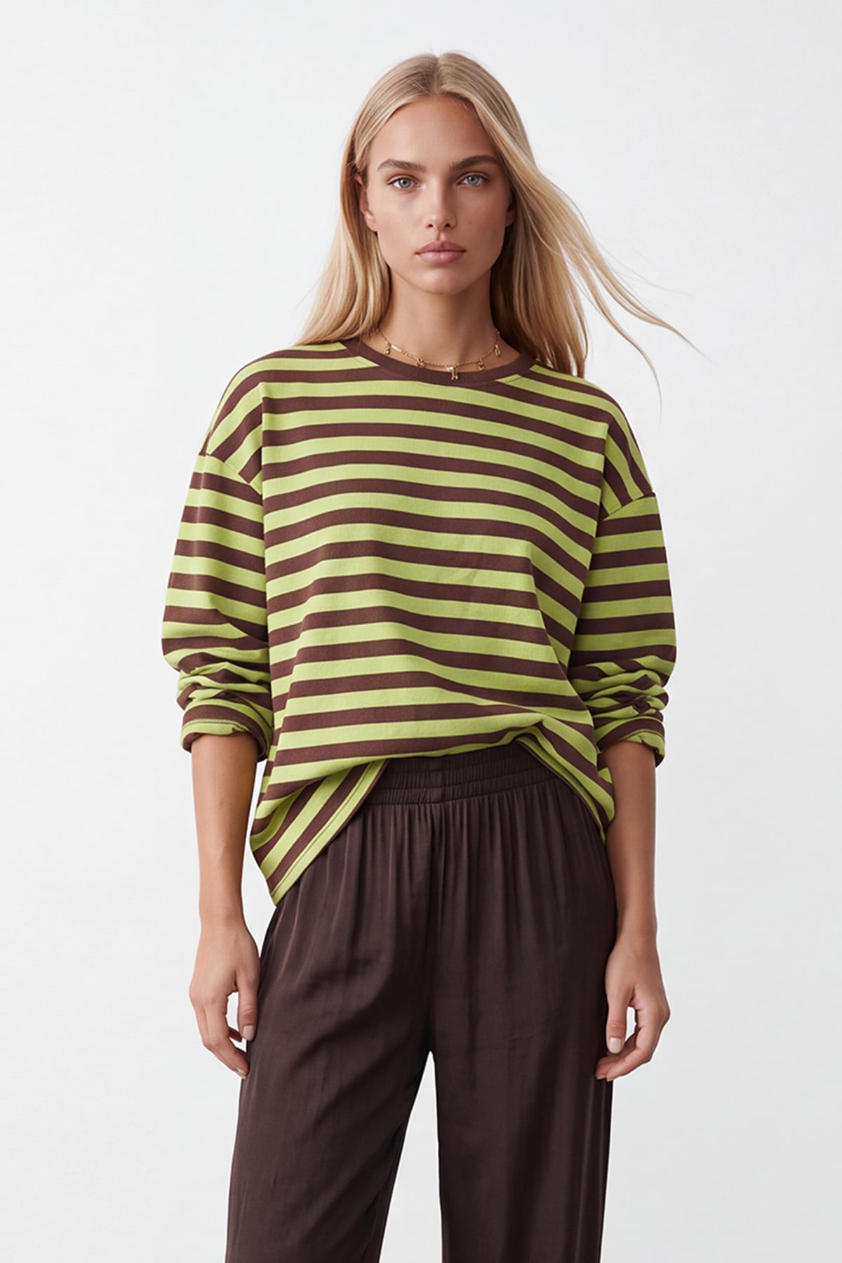 Kadın KAHVE Ribana Bisiklet Yakalı Çizgili Oversize Sweatshirt ALC-X15870