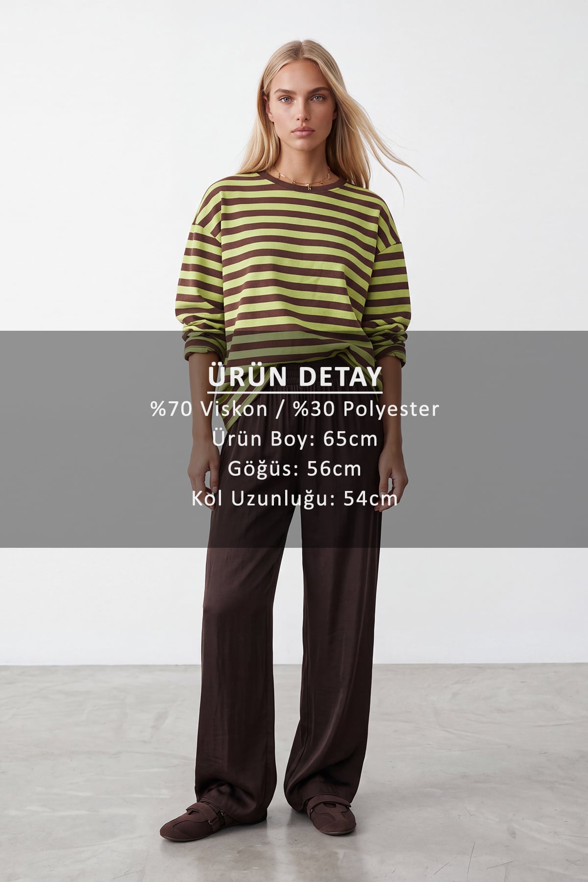 Kadın KAHVE Ribana Bisiklet Yakalı Çizgili Oversize Sweatshirt ALC-X15870