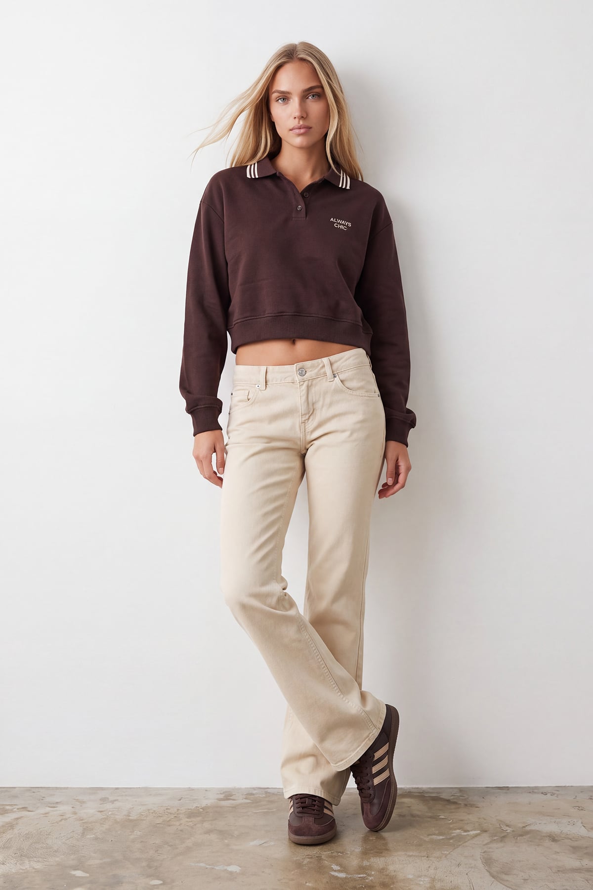Kadın Kahve Ribana Polo Yakalı Nakış Detaylı Şardonlu Üç İplik Sweatshirt Alc-X15960