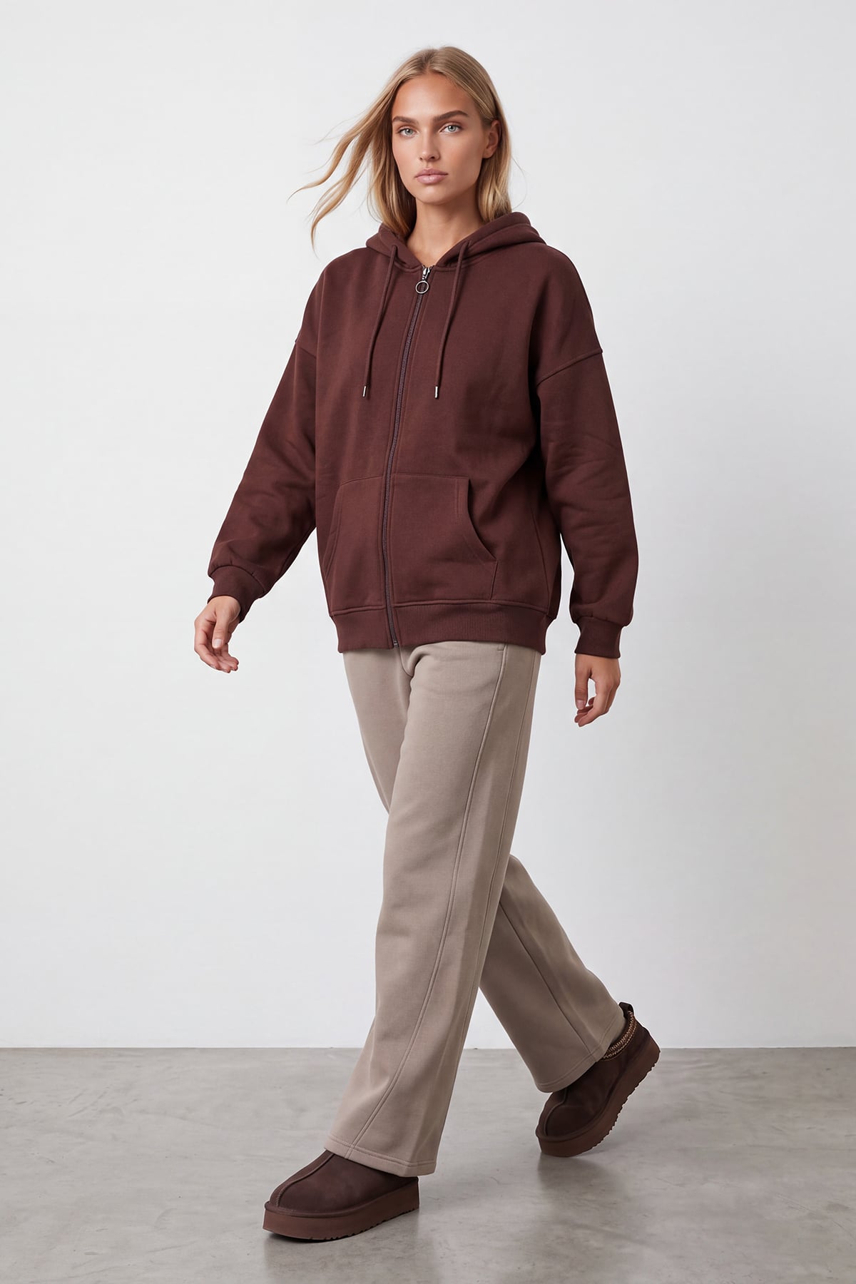 Kadın Kahve Üç İplik Şardonlu Oversize Sweatshirt Alc-X15945