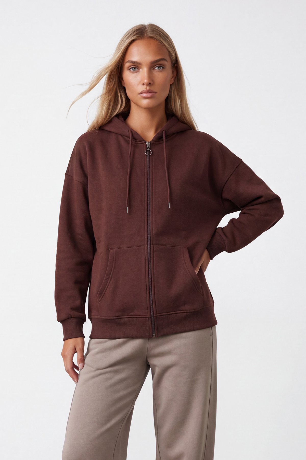 Kadın Kahve Üç İplik Şardonlu Oversize Sweatshirt Alc-X15945