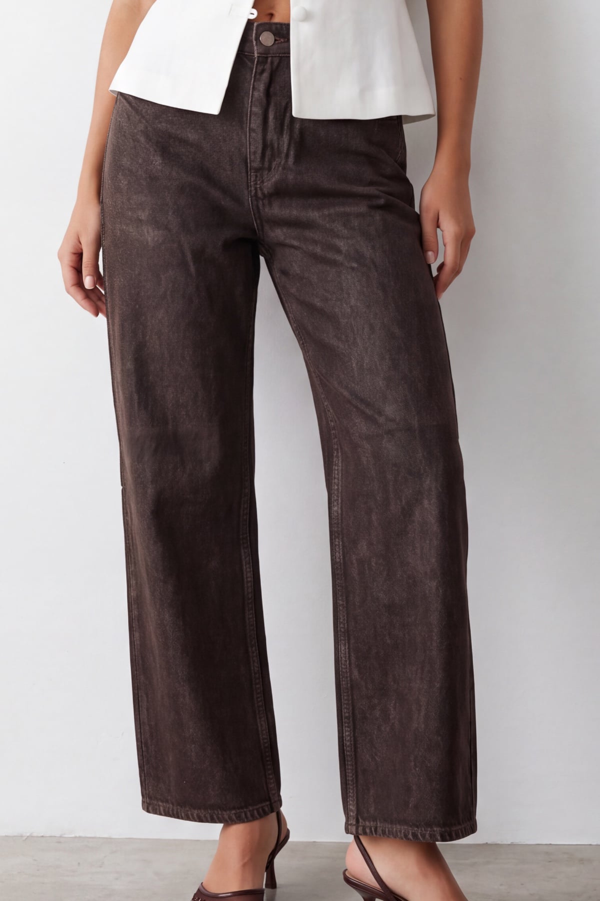 Kadın Kahve Yüksek Bel Parlak Kaplamalı Wide Leg Pantolon Alc-X15813