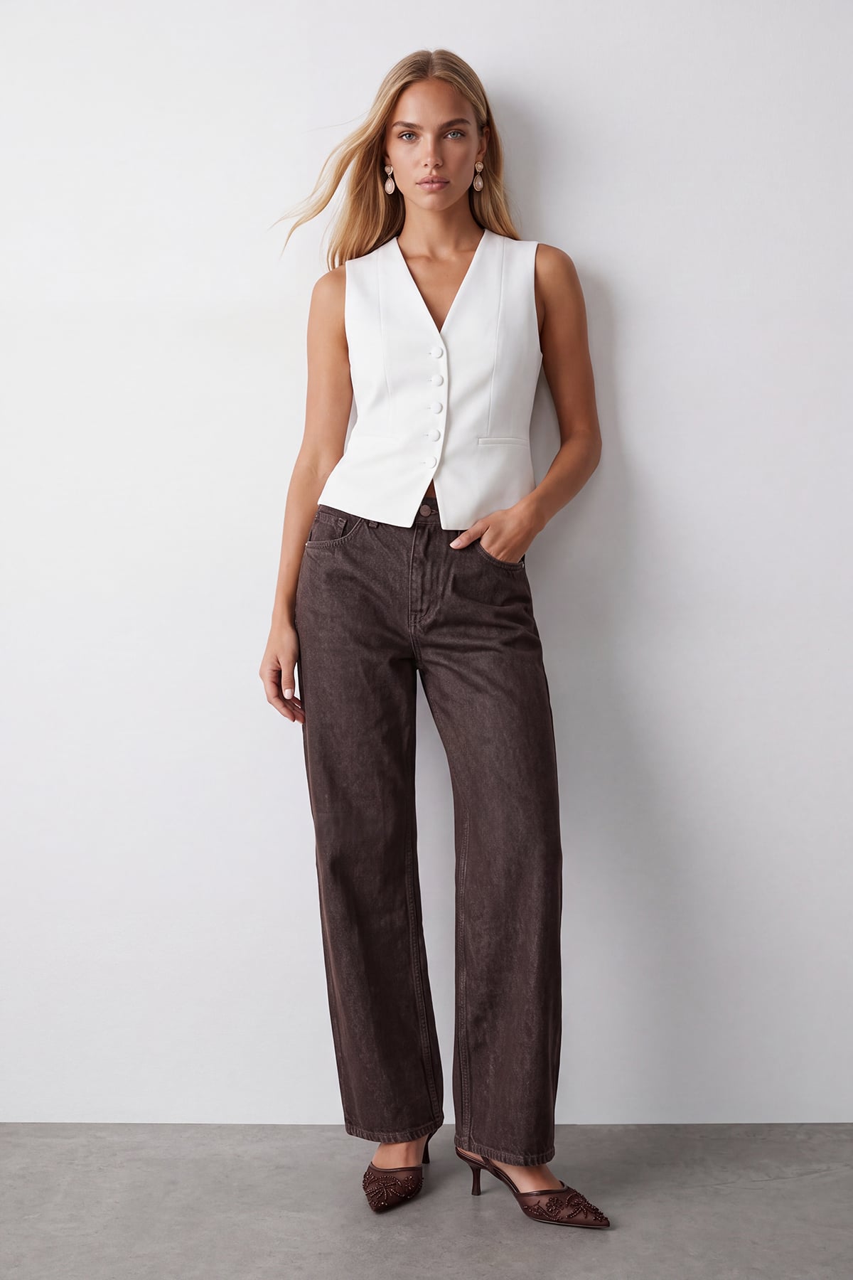 Kadın Kahve Yüksek Bel Parlak Kaplamalı Wide Leg Pantolon Alc-X15813