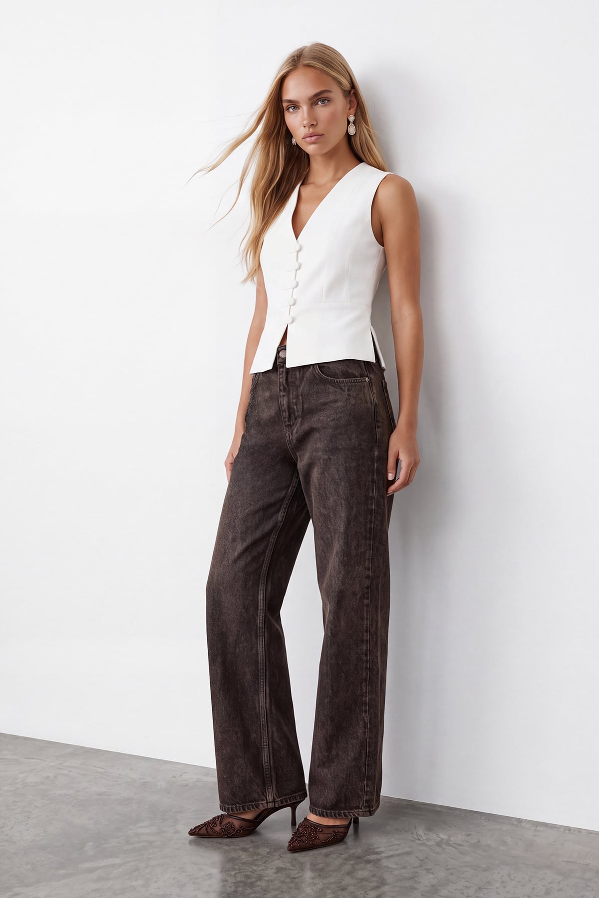Kadın Kahve Yüksek Bel Parlak Kaplamalı Wide Leg Pantolon Alc-X15813