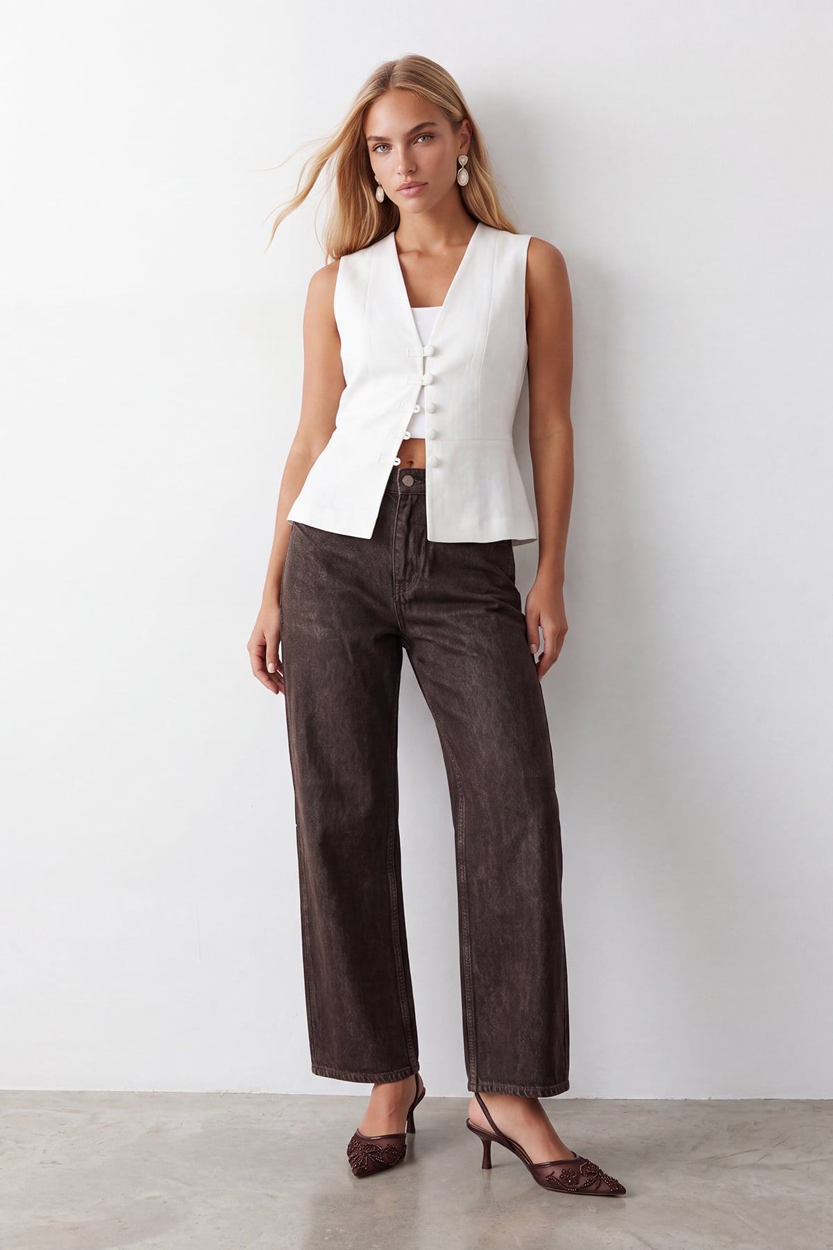 Kadın Kahve Yüksek Bel Parlak Kaplamalı Wide Leg Pantolon Alc-X15813
