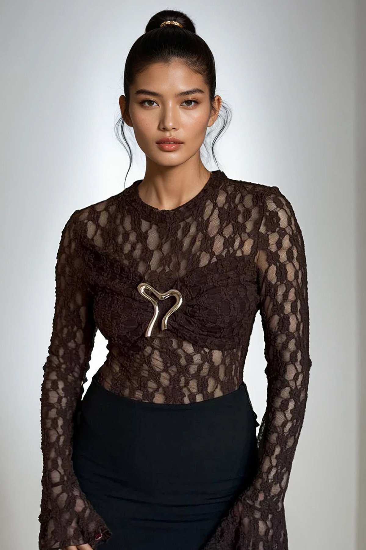 Kadın KAHVERENGİ AKSESUAR DETAYLI BALENLİ DANTEL BLUZ ALC-X15245