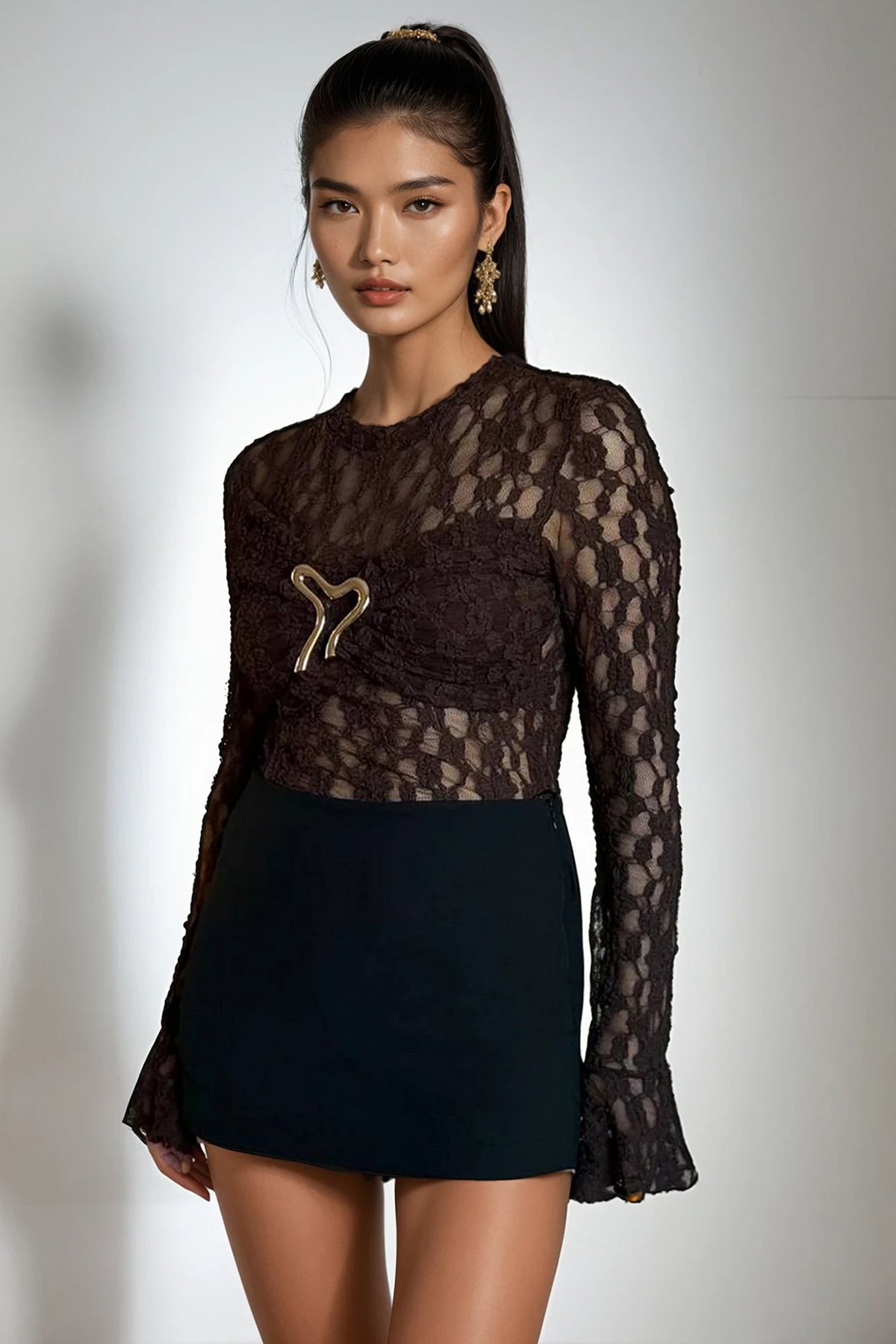 Kadın KAHVERENGİ AKSESUAR DETAYLI BALENLİ DANTEL BLUZ ALC-X15245