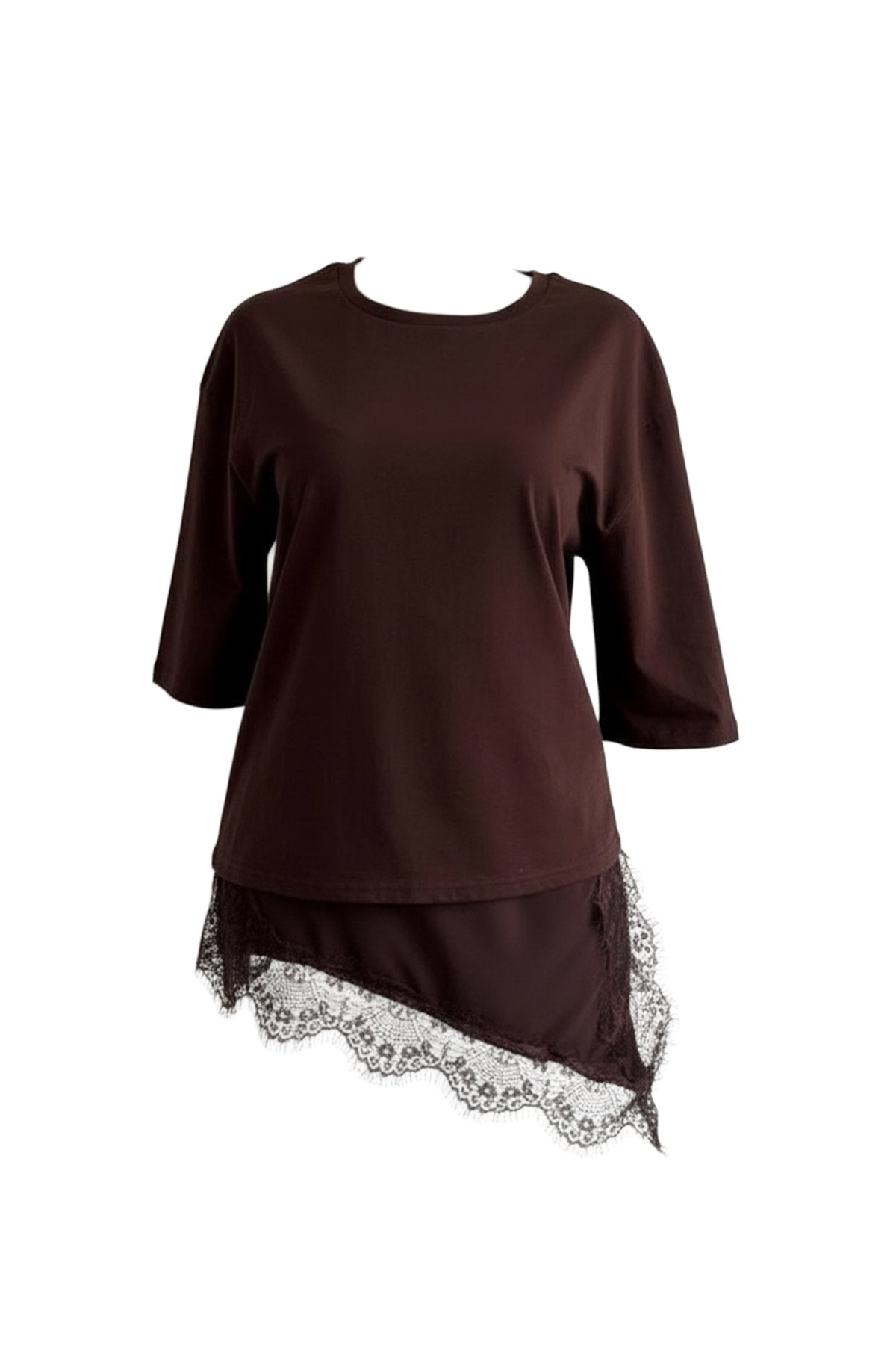 Kadın Kahverengi Asimetrik Kesim Dantel Detaylı Oversize T-Shırt Alc-X15249