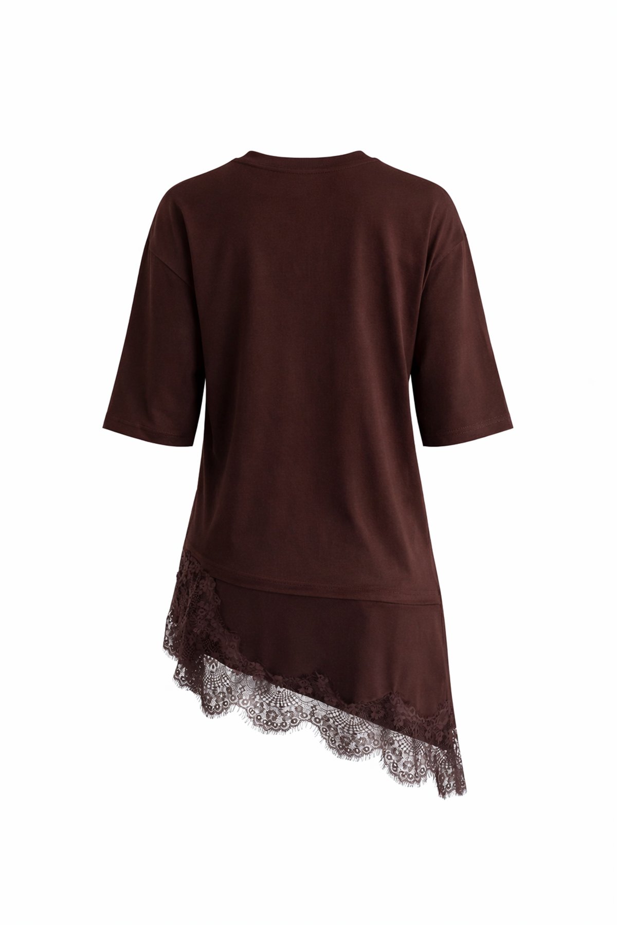Kadın Kahverengi Asimetrik Kesim Dantel Detaylı Oversize T-Shırt Alc-X15249