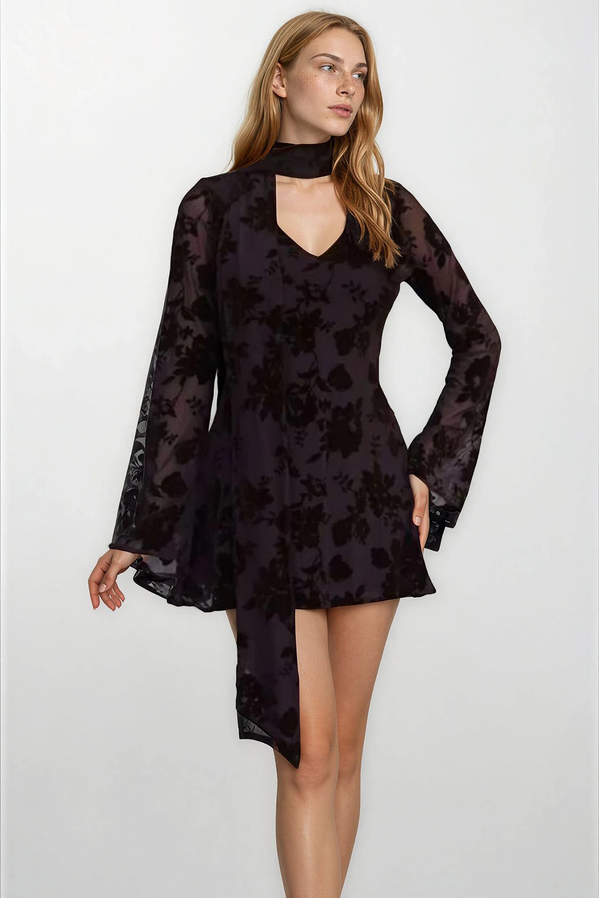 Kadın KAHVERENGİ ATKI DETAYLI İÇİ ASTARLI MİNİ DANTEL ELBİSE ALC-X15302